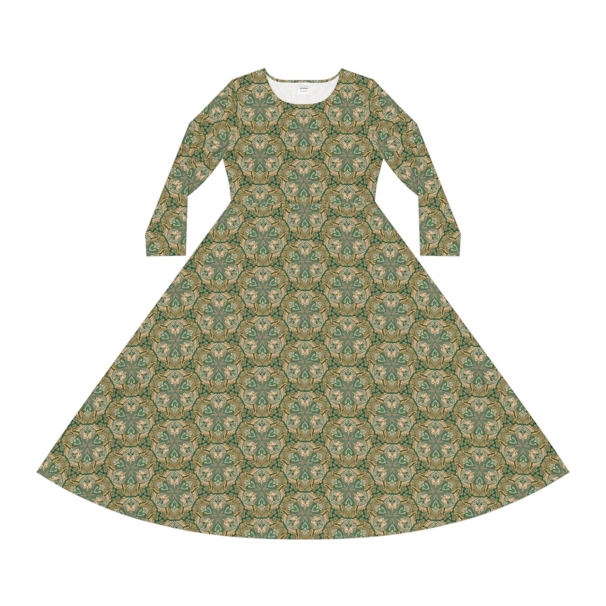 Green Vintage Floral Long Sleeve Dance Dress — All-Over Print #gh8420