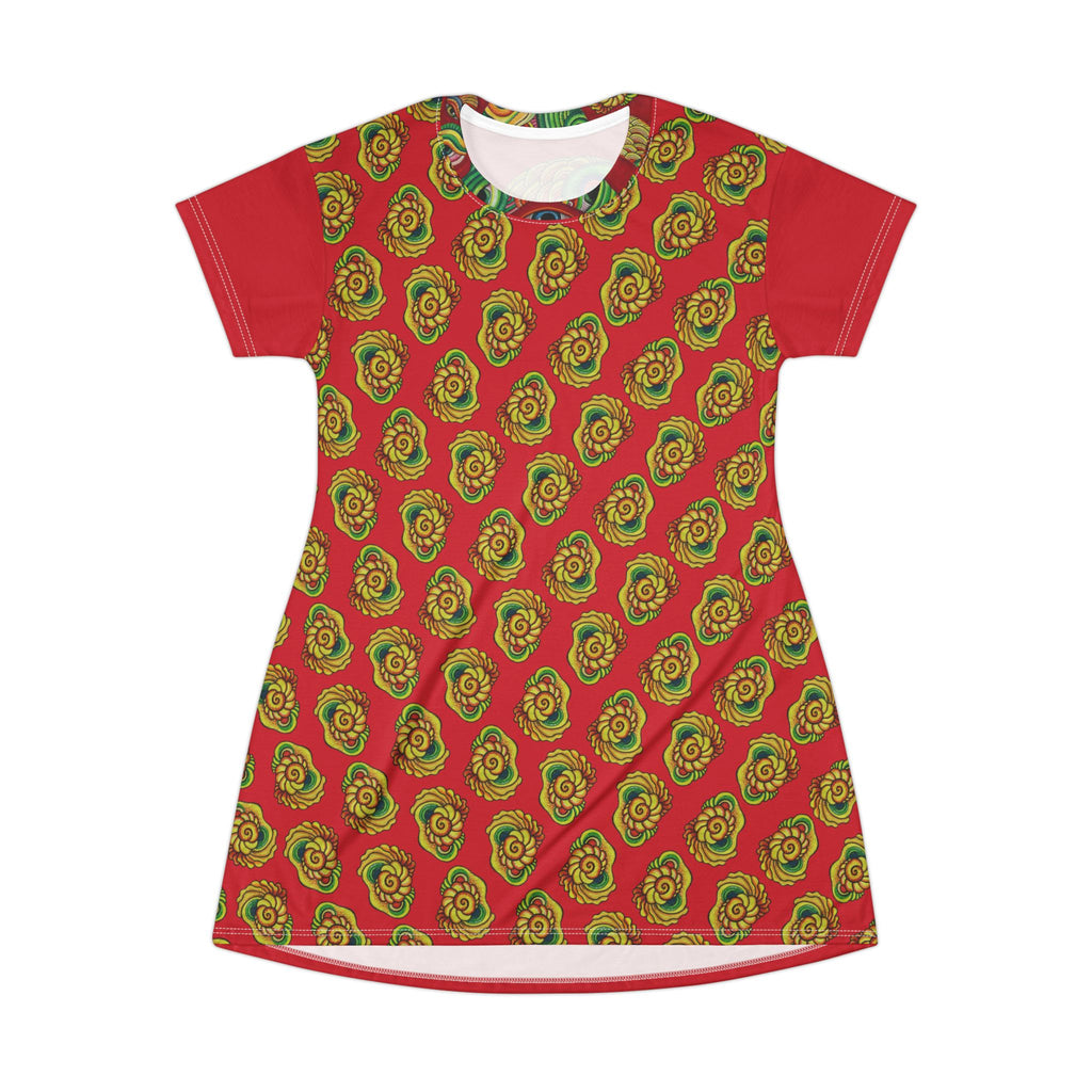 Psychedelic Floral AOP T‑Shirt Dress — Retro Rainbow Swirl Pattern