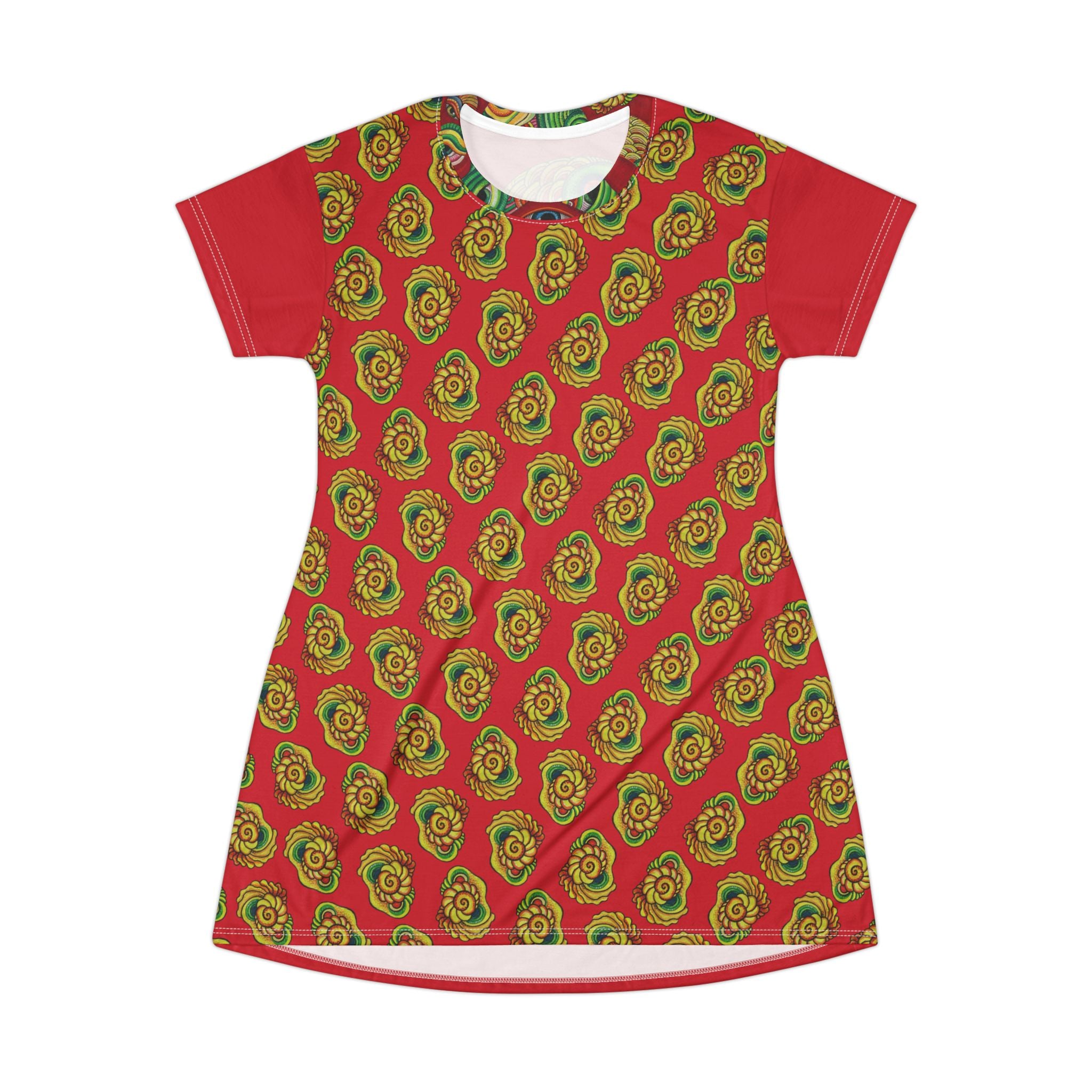 Psychedelic Floral AOP T‑Shirt Dress — Retro Rainbow Swirl Pattern