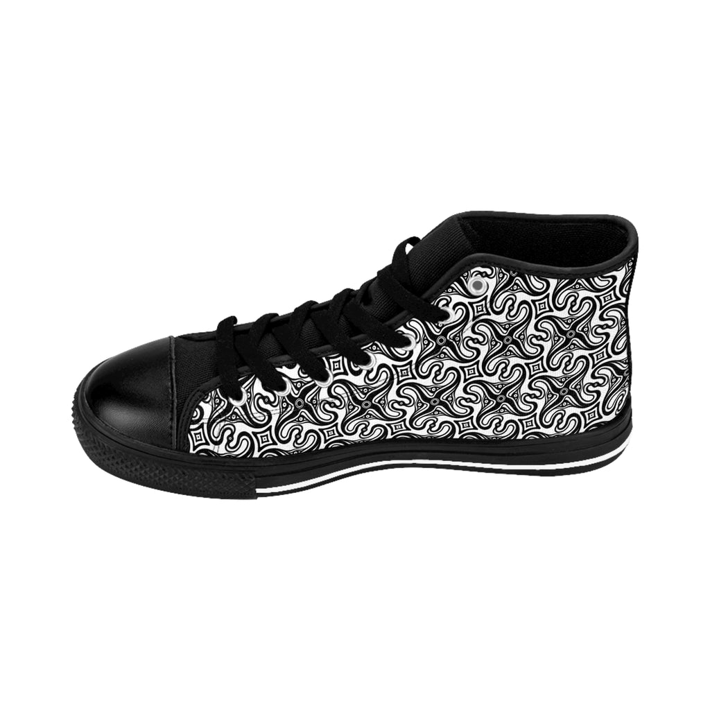 High-Top Sneakers — Black & White Geometric Swirl Pattern #g987678