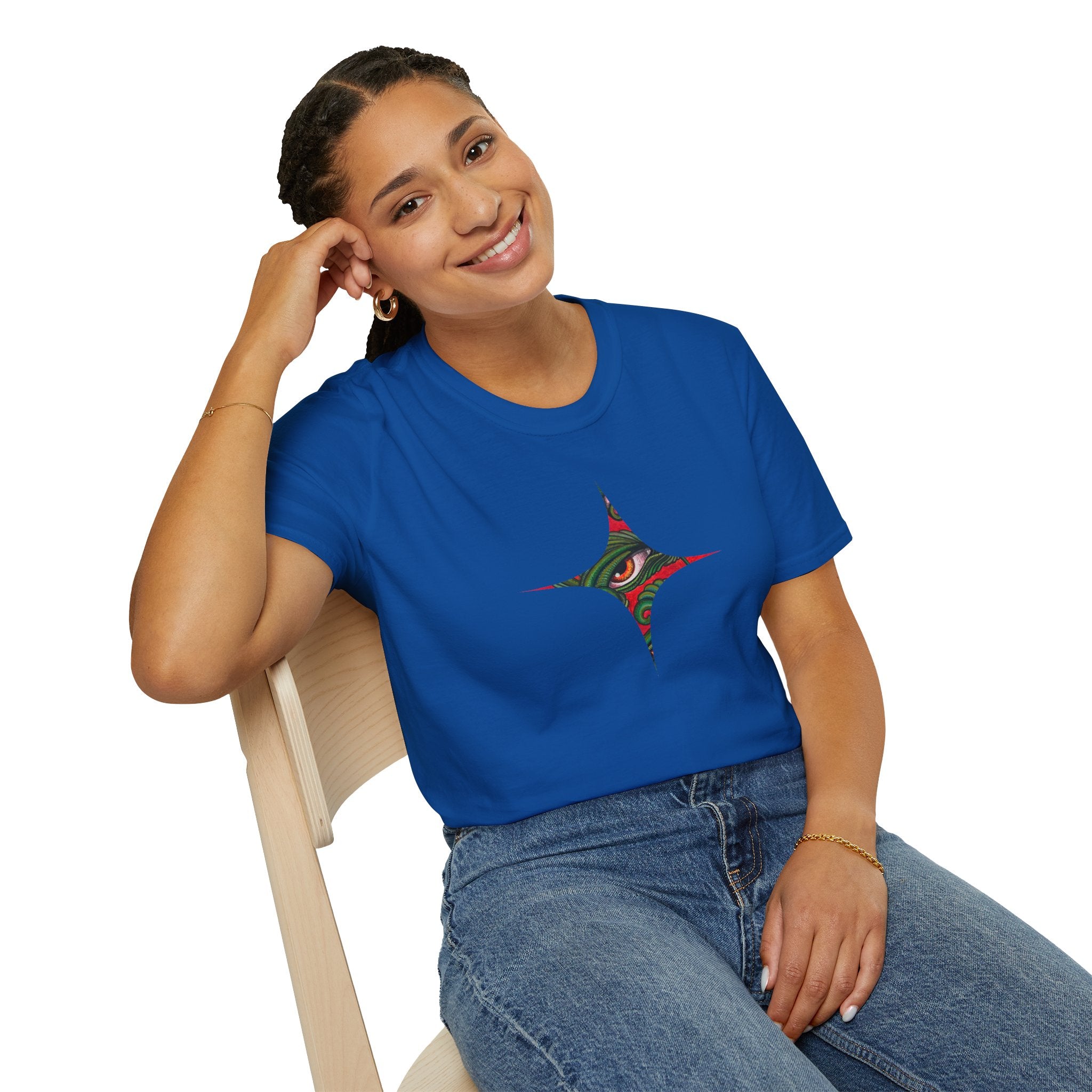 Geometric Tribal Eye Tee — Abstract Red & Green Triangle Graphic T-Shirt #sx432177