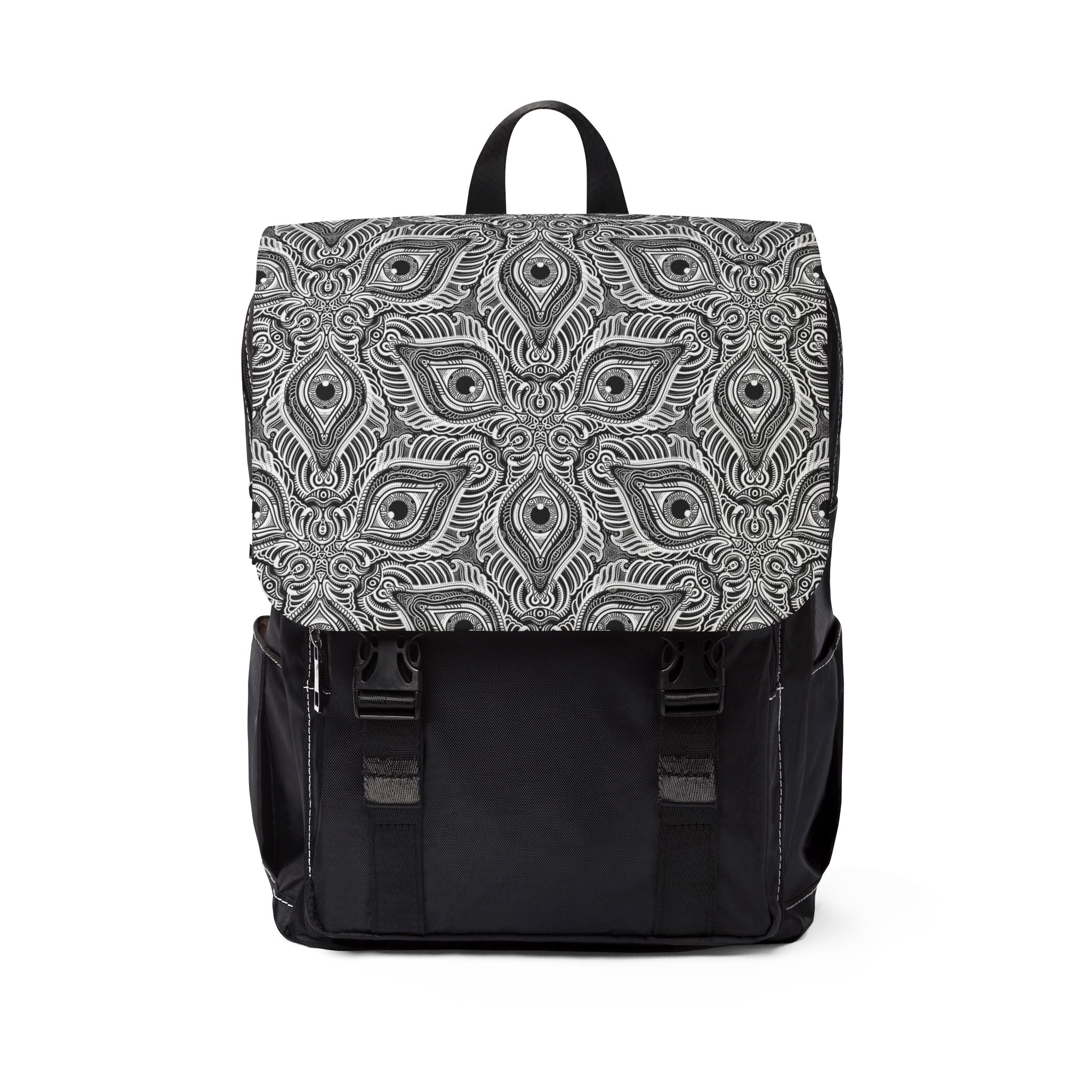 Peacock Feather Mandala Backpack – Black Patterned Casual Shoulder Bag #bb54