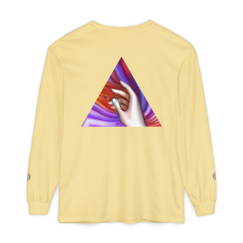 Long Sleeve T-Shirt — Triangular Hand Art Graphic (White) #sh26774