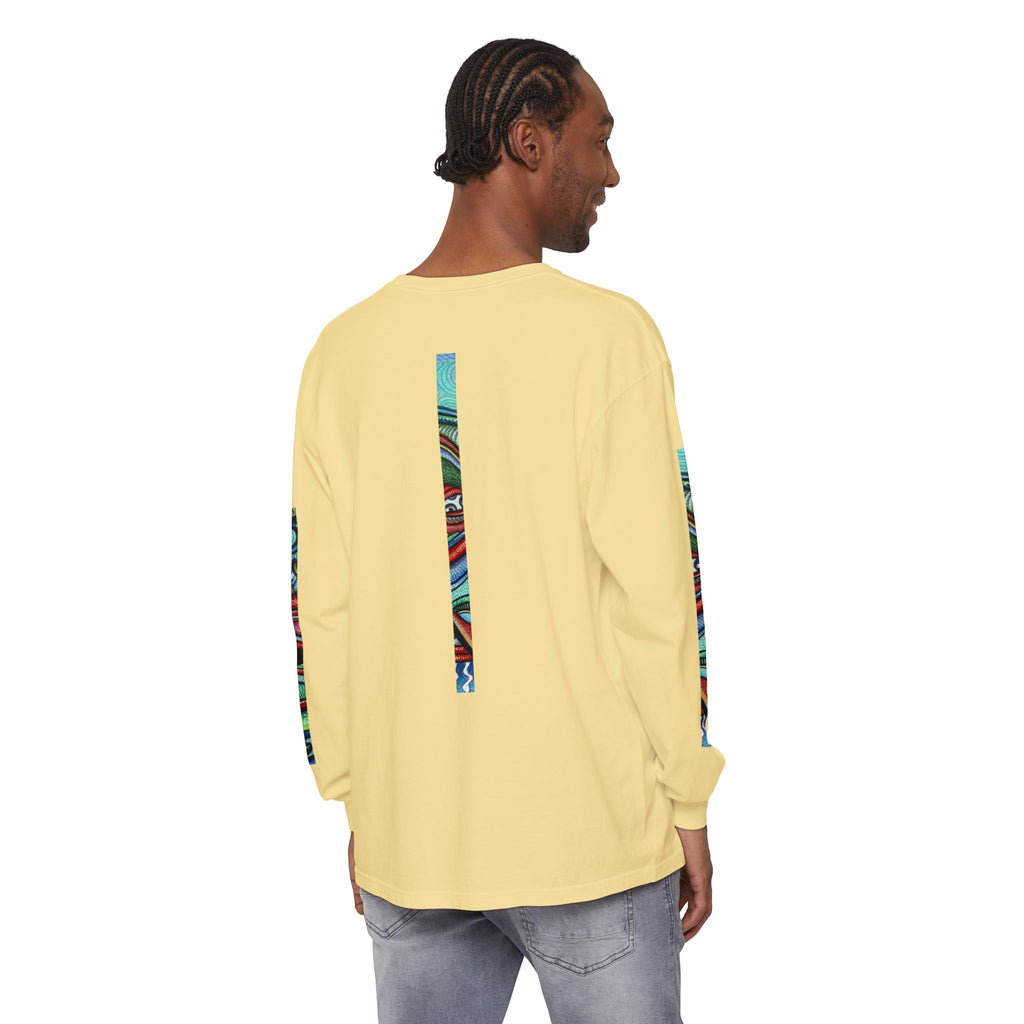 Psychedelic Starburst Long Sleeve Tee — Colorful Eye & Sleeve Stripe Design #k976344
