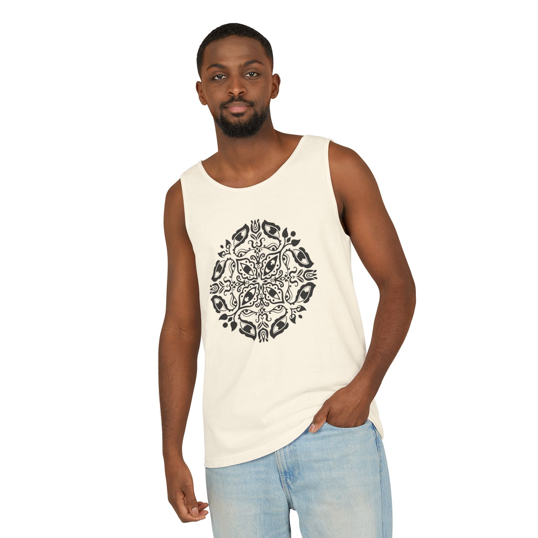 Boho Mandala Tank Top — Black Floral Circular Graphic Tank #fr3