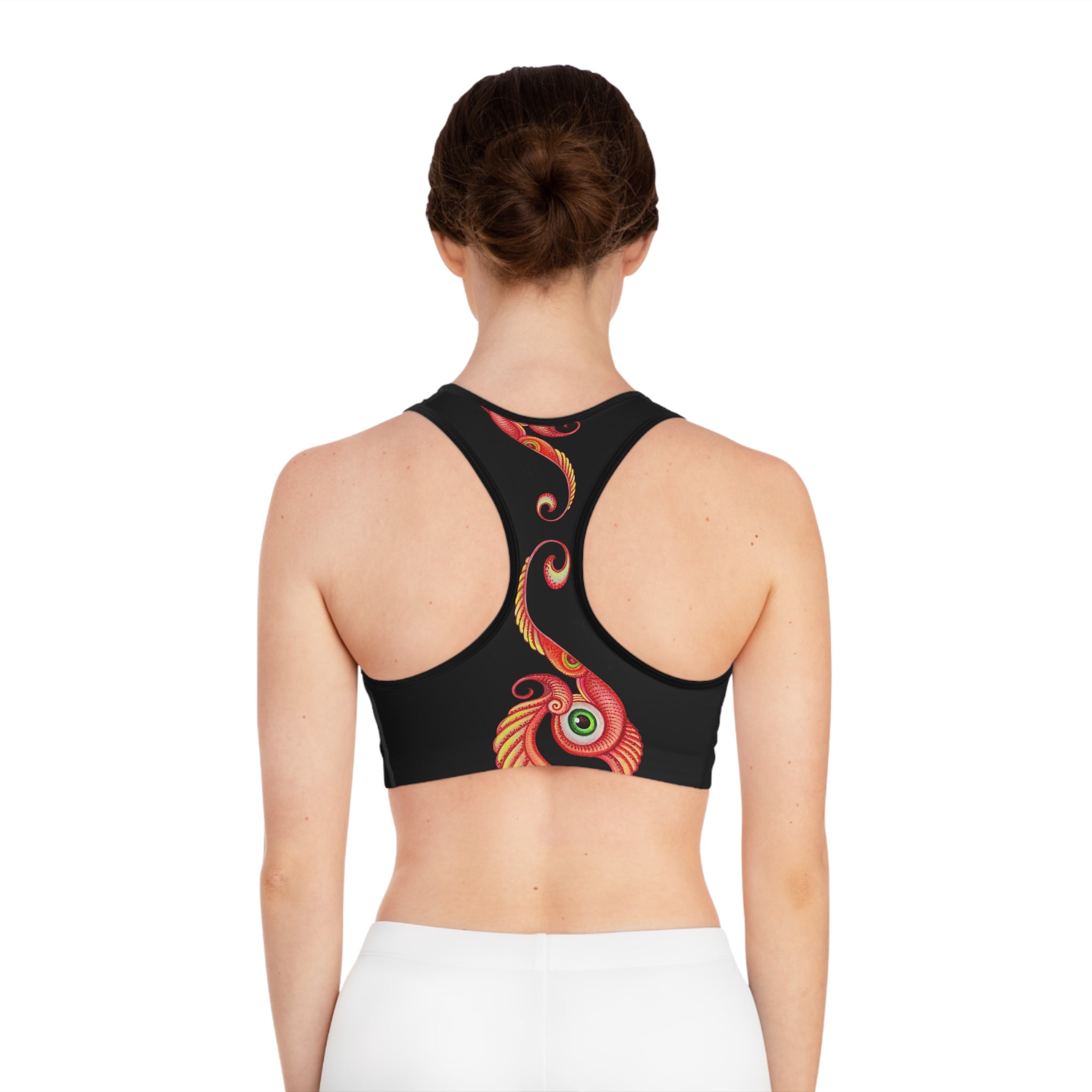 Floral Swirl Performance Sports Bra — Black Red Artistic Print #ir98