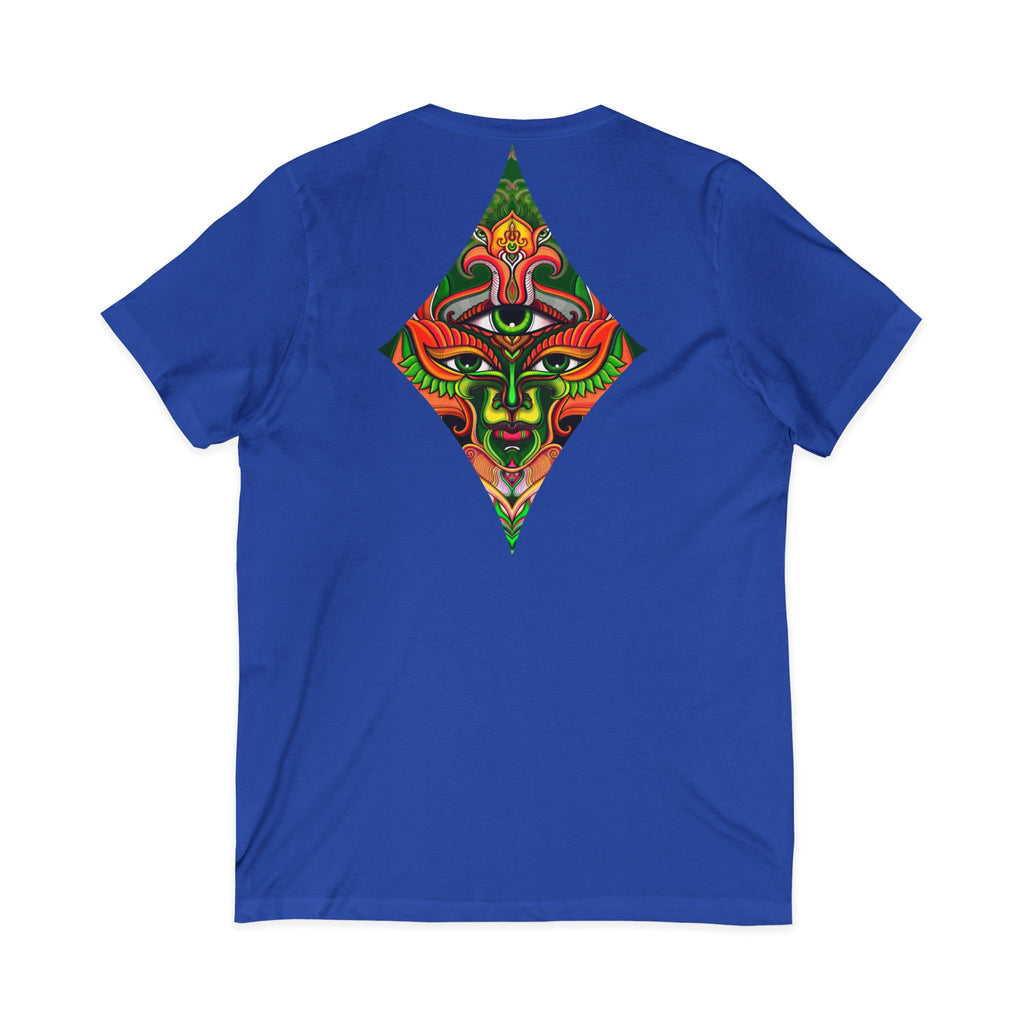 Tribal Mask Diamond Tee — Vibrant Ethnic Face Graphic V‑Neck T‑Shirt #hg 08656