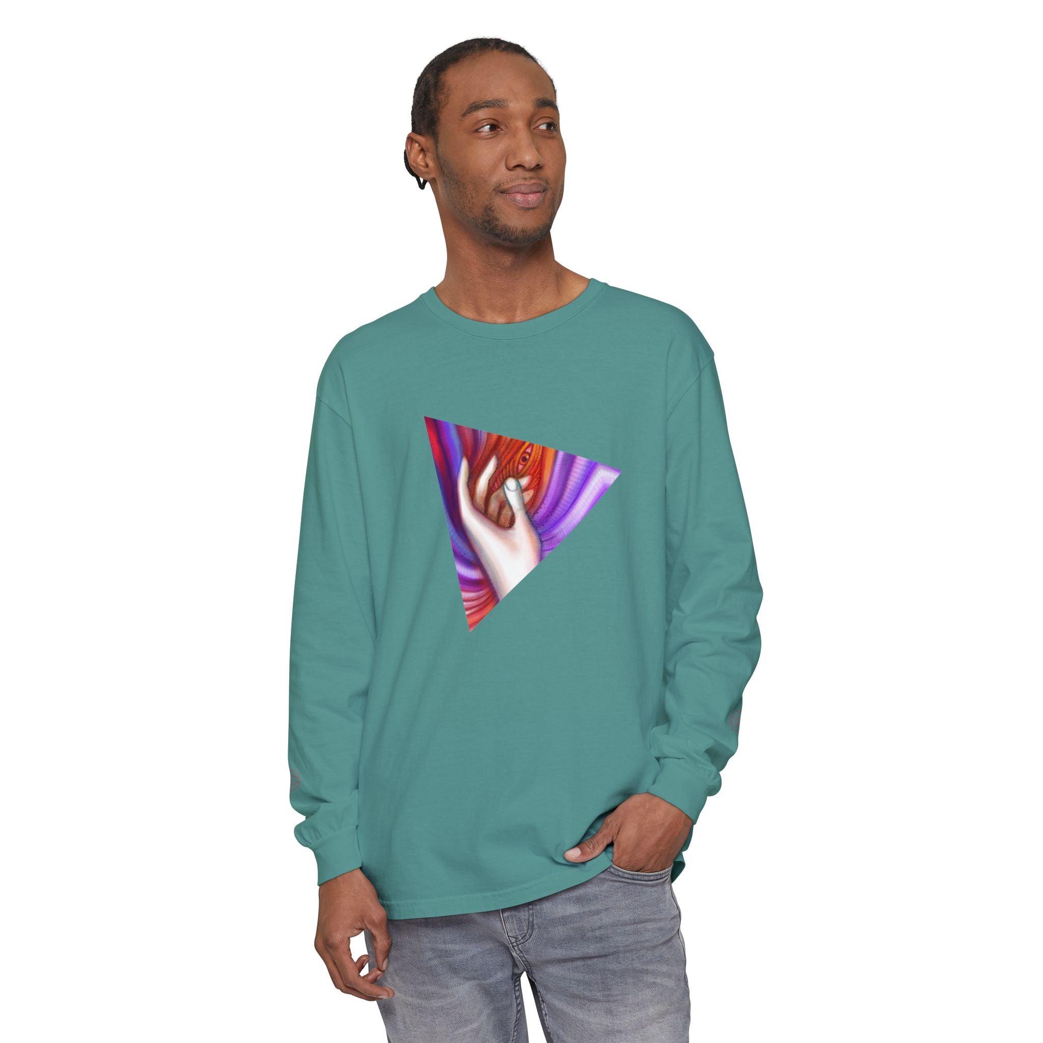 Long Sleeve T-Shirt — Triangular Hand Art Graphic (White) #sh26774