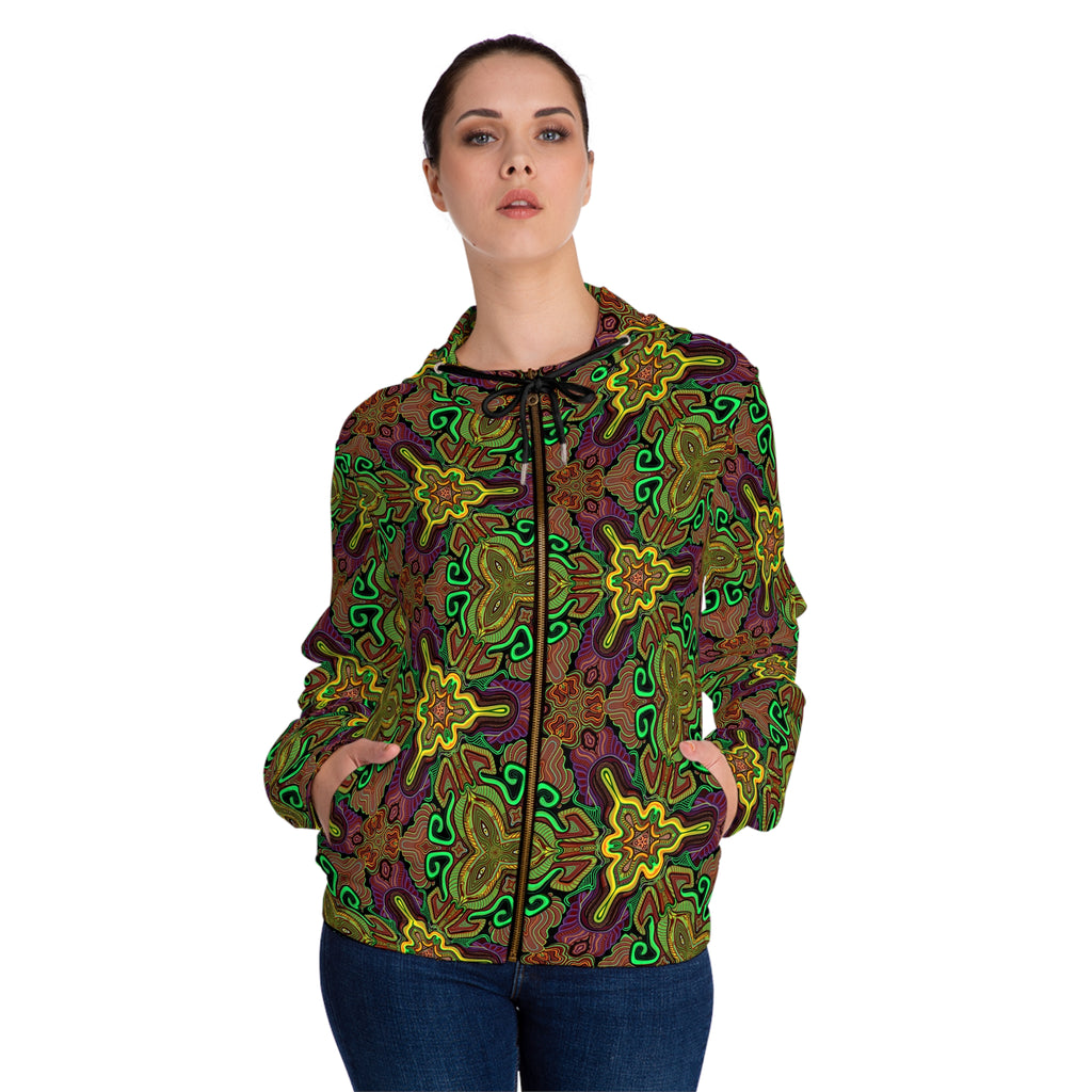 Kaleidoscope Floral Zip-Up Hoodie — Psychedelic Green & Gold All-Over Print #fn994219