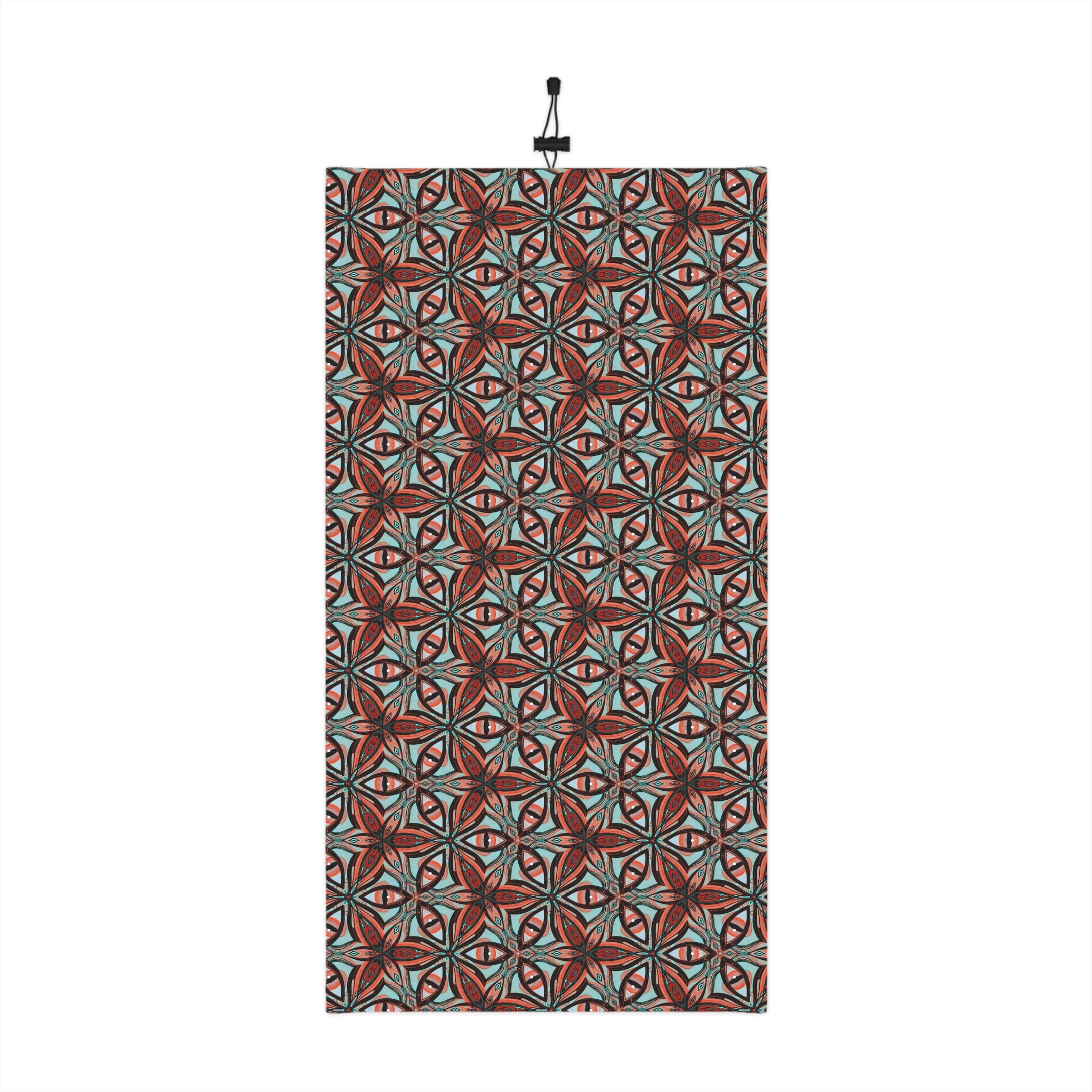 Patterned Winter Neck Gaiter — Red Teal Geometric Drawstring Face Mask