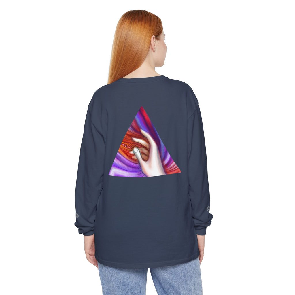 Long Sleeve T-Shirt — Triangular Hand Art Graphic (White) #sh26774
