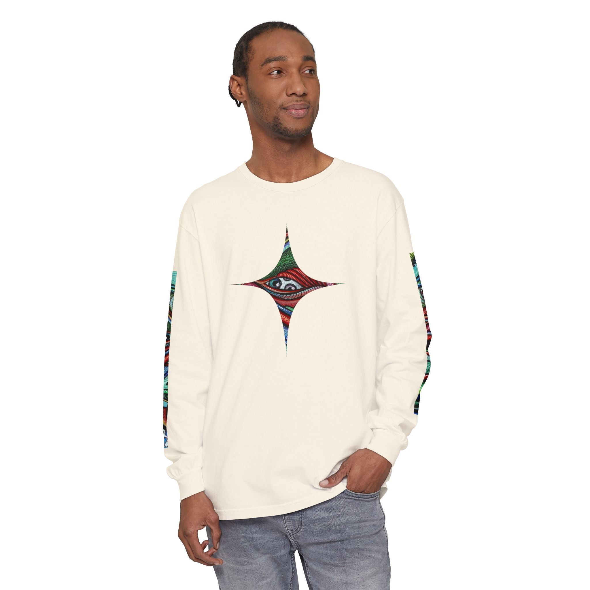Psychedelic Starburst Long Sleeve Tee — Colorful Eye & Sleeve Stripe Design #k976344