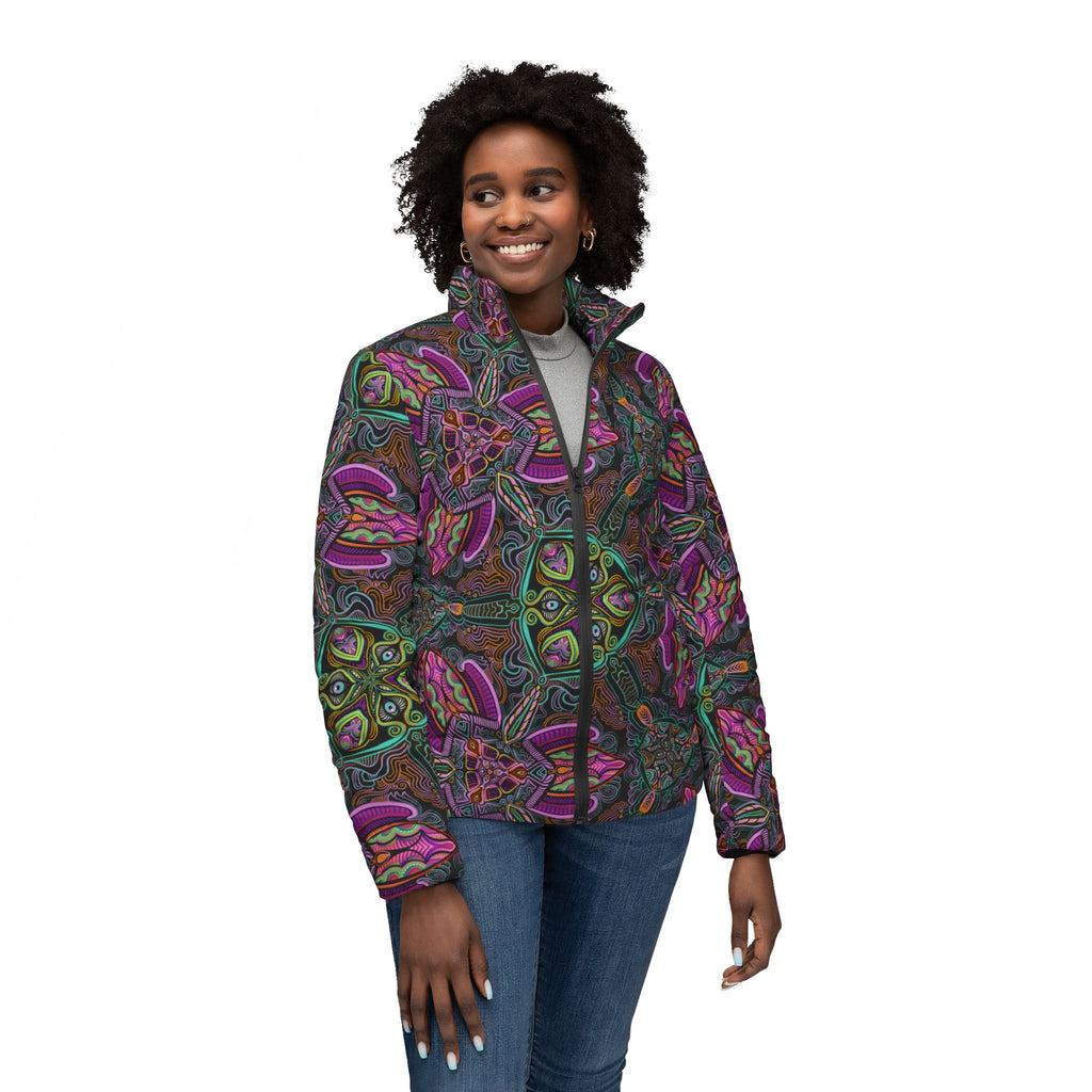 Puffer Jacket — Psychedelic Floral Kaleidoscope Print, Women's All-Over Pattern #pj469