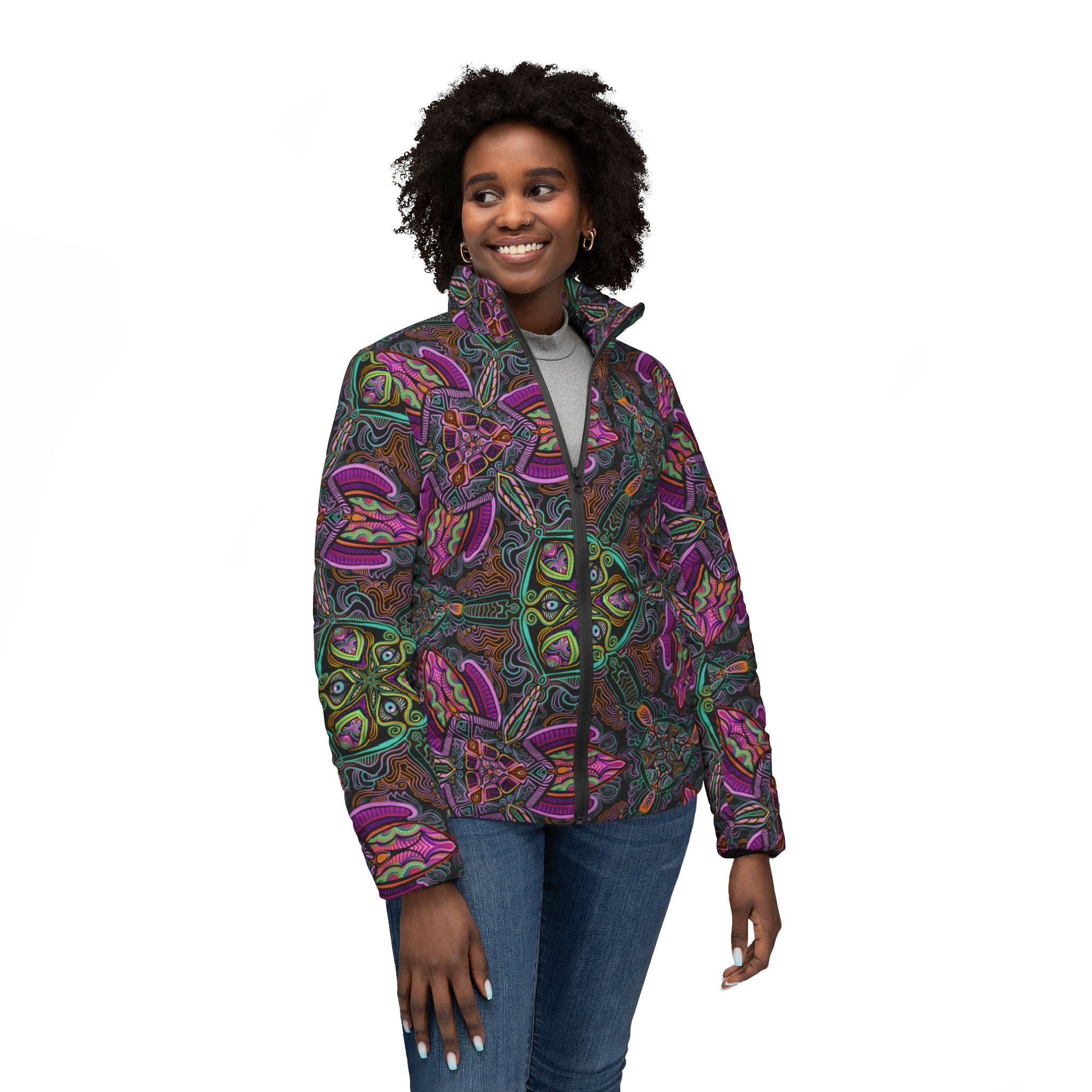Puffer Jacket — Psychedelic Floral Kaleidoscope Print, Women's All-Over Pattern #pj469