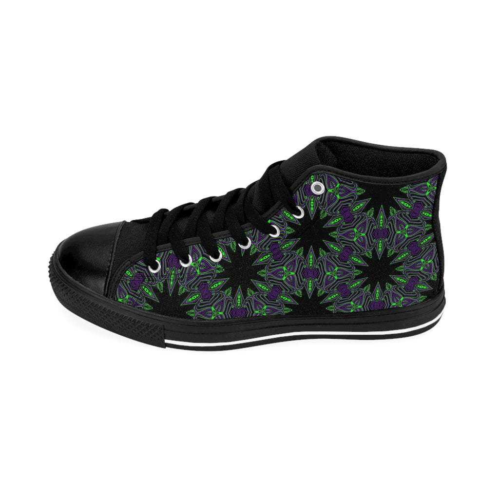 Women's High-Top Sneakers — Black & Green Floral Kaleidoscope Pattern #gd864