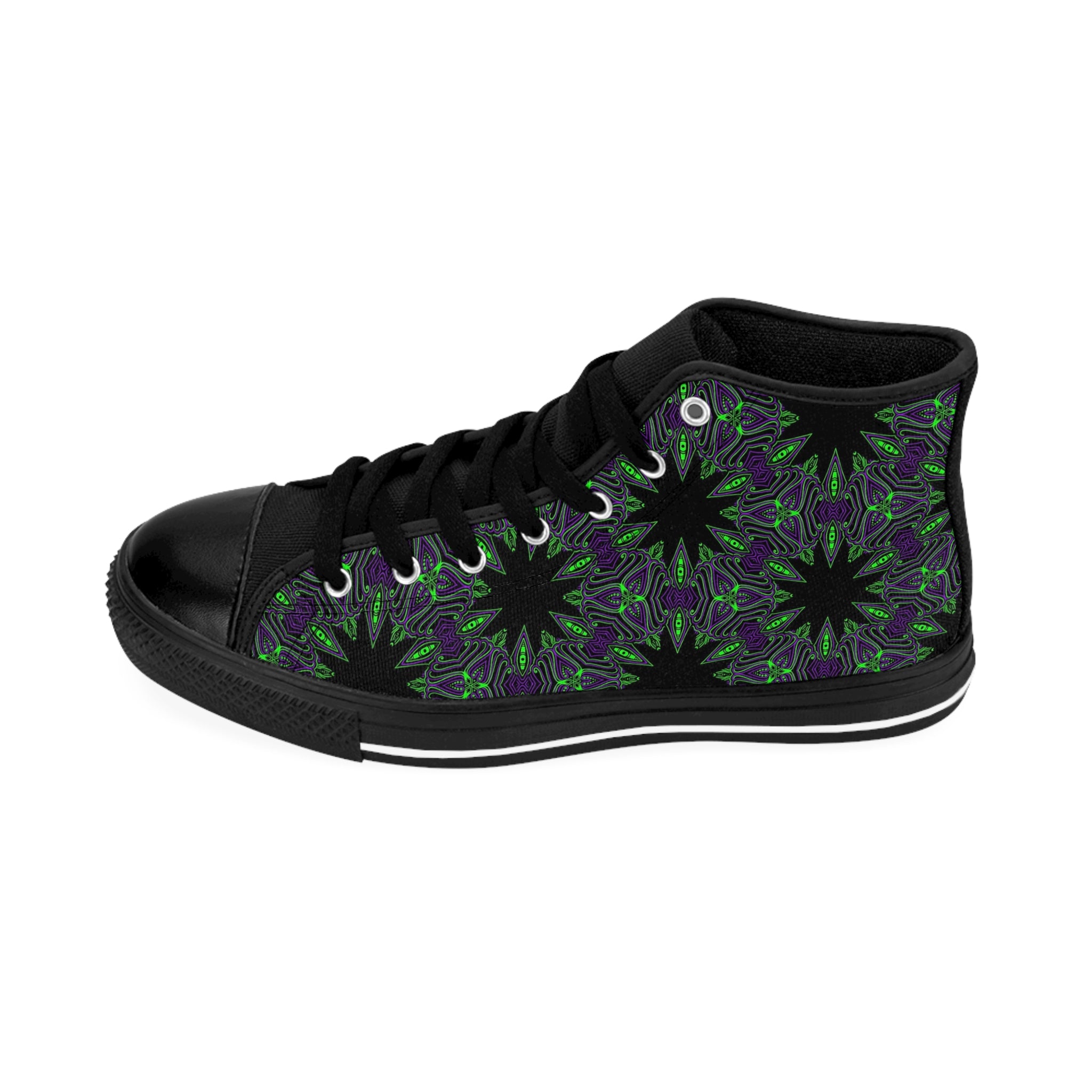 Women's High-Top Sneakers — Black & Green Floral Kaleidoscope Pattern #gd864
