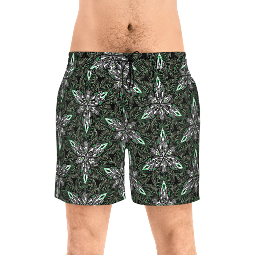 Green Kaleidoscope Swim Shorts — Men's Mid-Length Patterned Beach Trunks. #gd753987