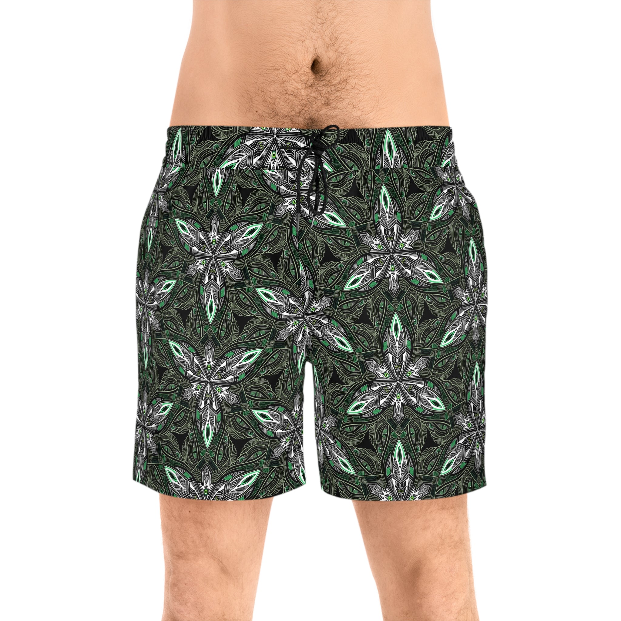 Green Kaleidoscope Swim Shorts — Men's Mid-Length Patterned Beach Trunks. #gd753987