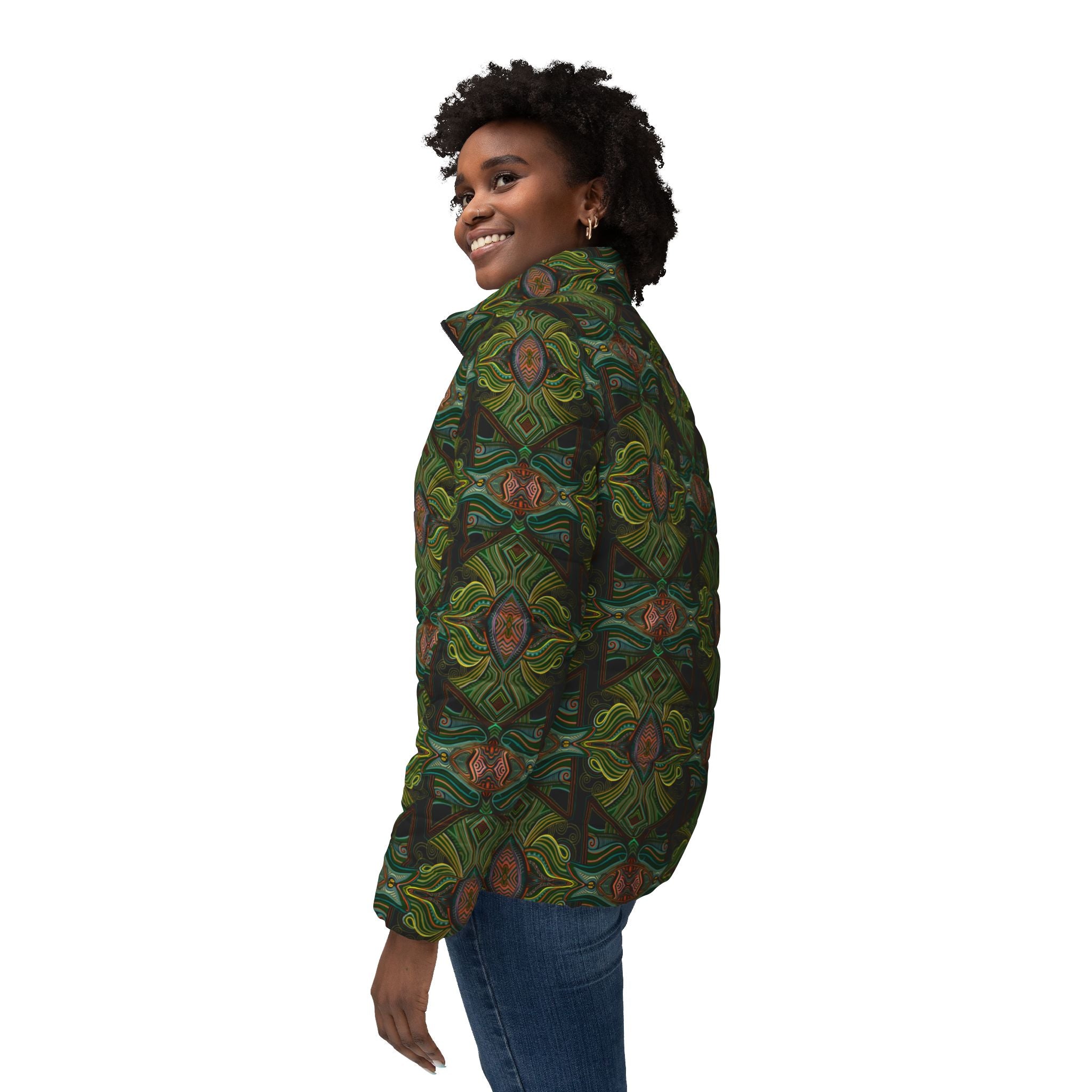 Green Kaleidoscope Women's Puffer Jacket — All-Over Pattern Winter Coat  #pj1