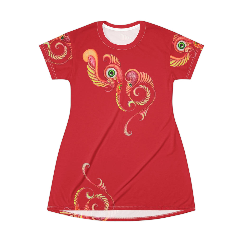 Red Swirl Floral T‑Shirt Dress — Vibrant Abstract Paisley Pattern #vap764