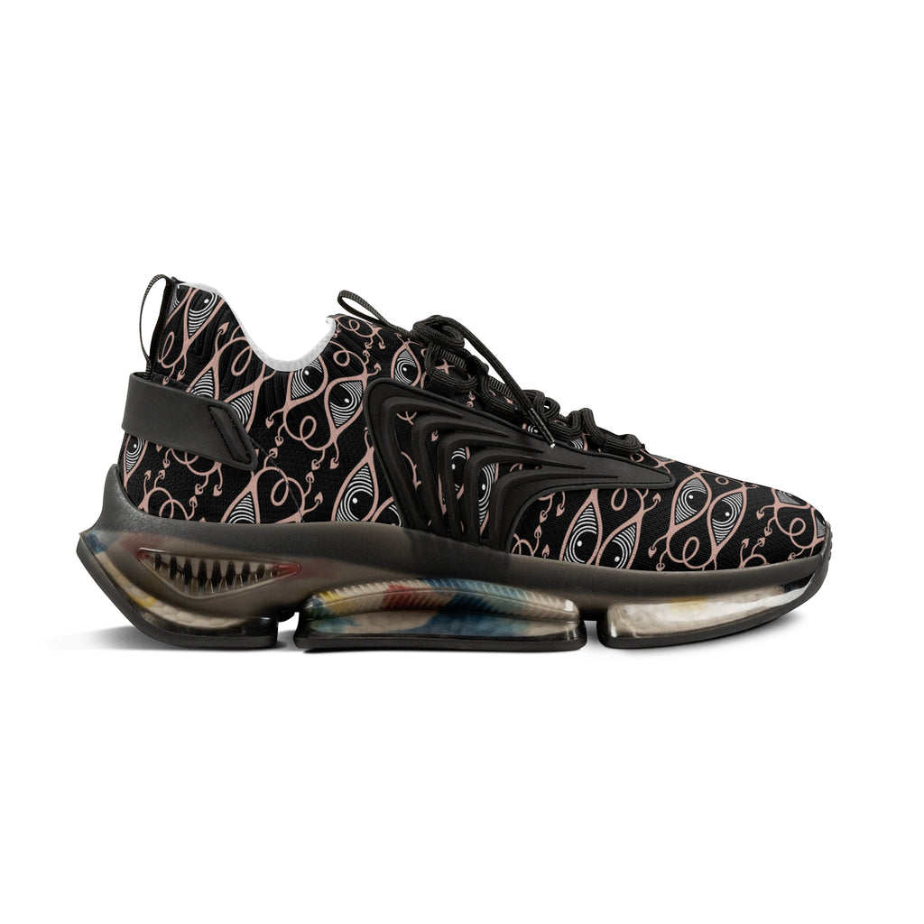 Men's Mesh Sneakers — Black Geometric Eye Pattern Athletic Shoes #h98657