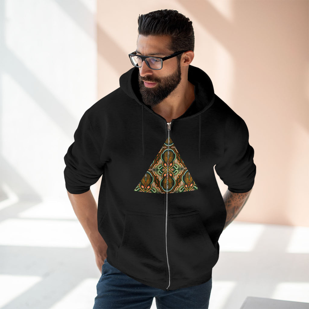 Geometric Tribal Pattern Zip Hoodie — Earthy Mandala Triangle & Circle Design #zh137