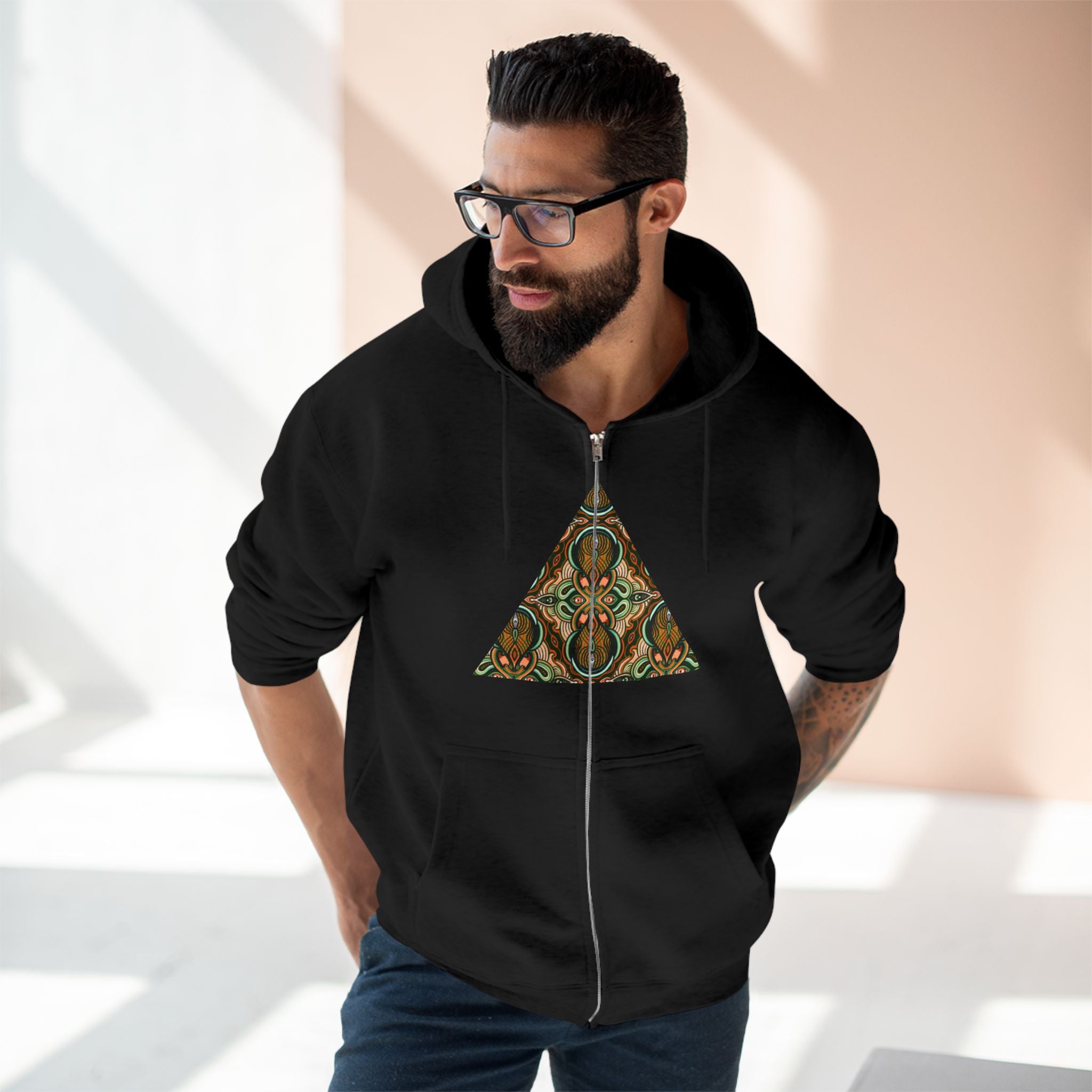 Geometric Tribal Pattern Zip Hoodie — Earthy Mandala Triangle & Circle Design #zh137