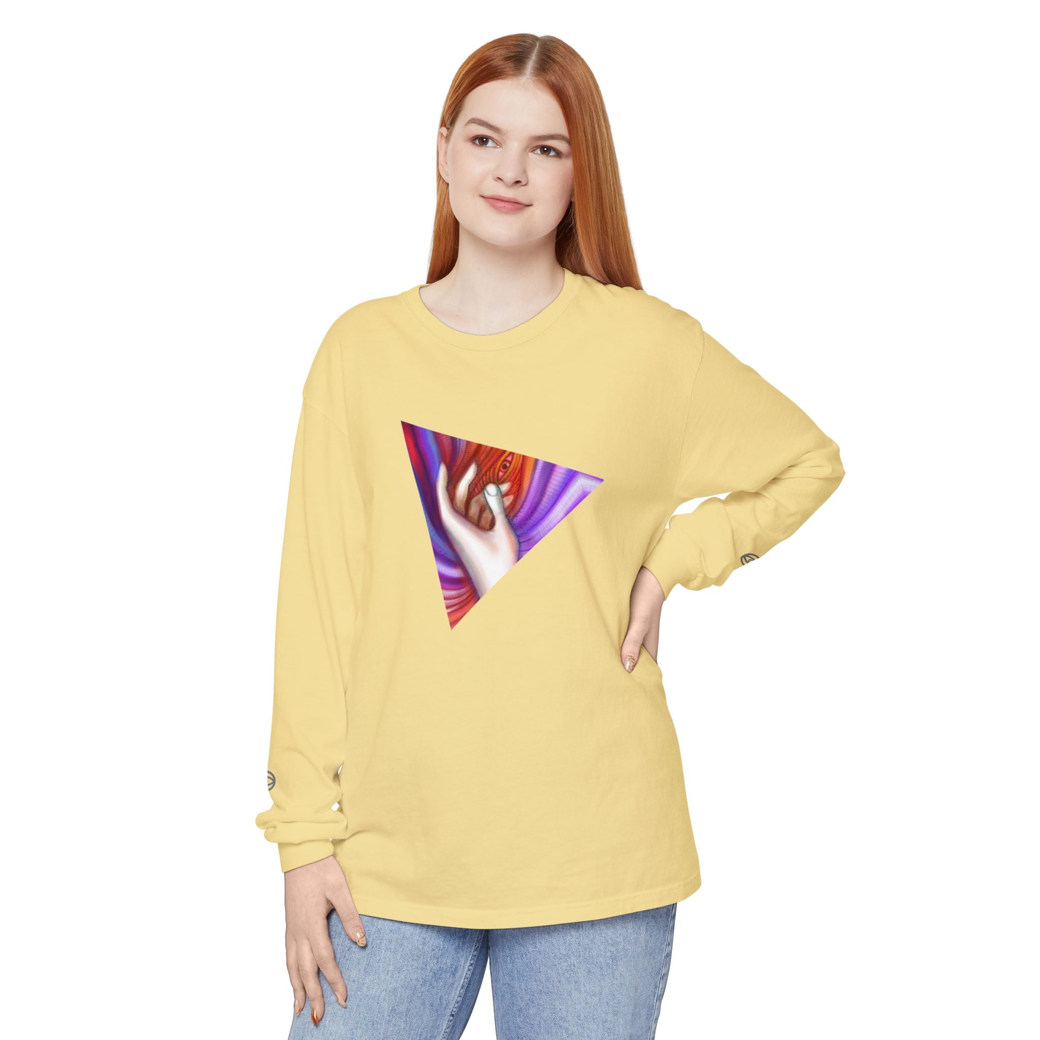 Long Sleeve T-Shirt — Triangular Hand Art Graphic (White) #sh26774