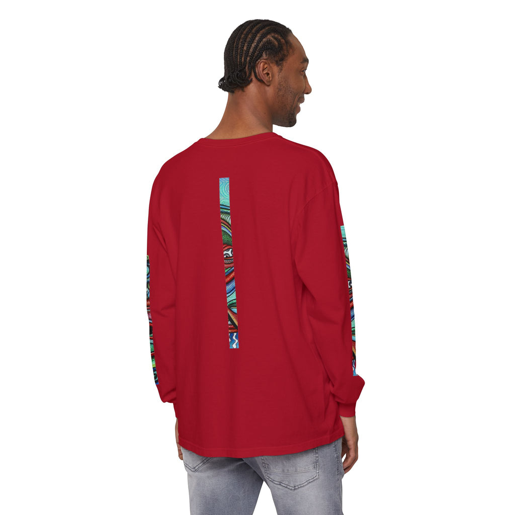 Psychedelic Starburst Long Sleeve Tee — Colorful Eye & Sleeve Stripe Design #k976344