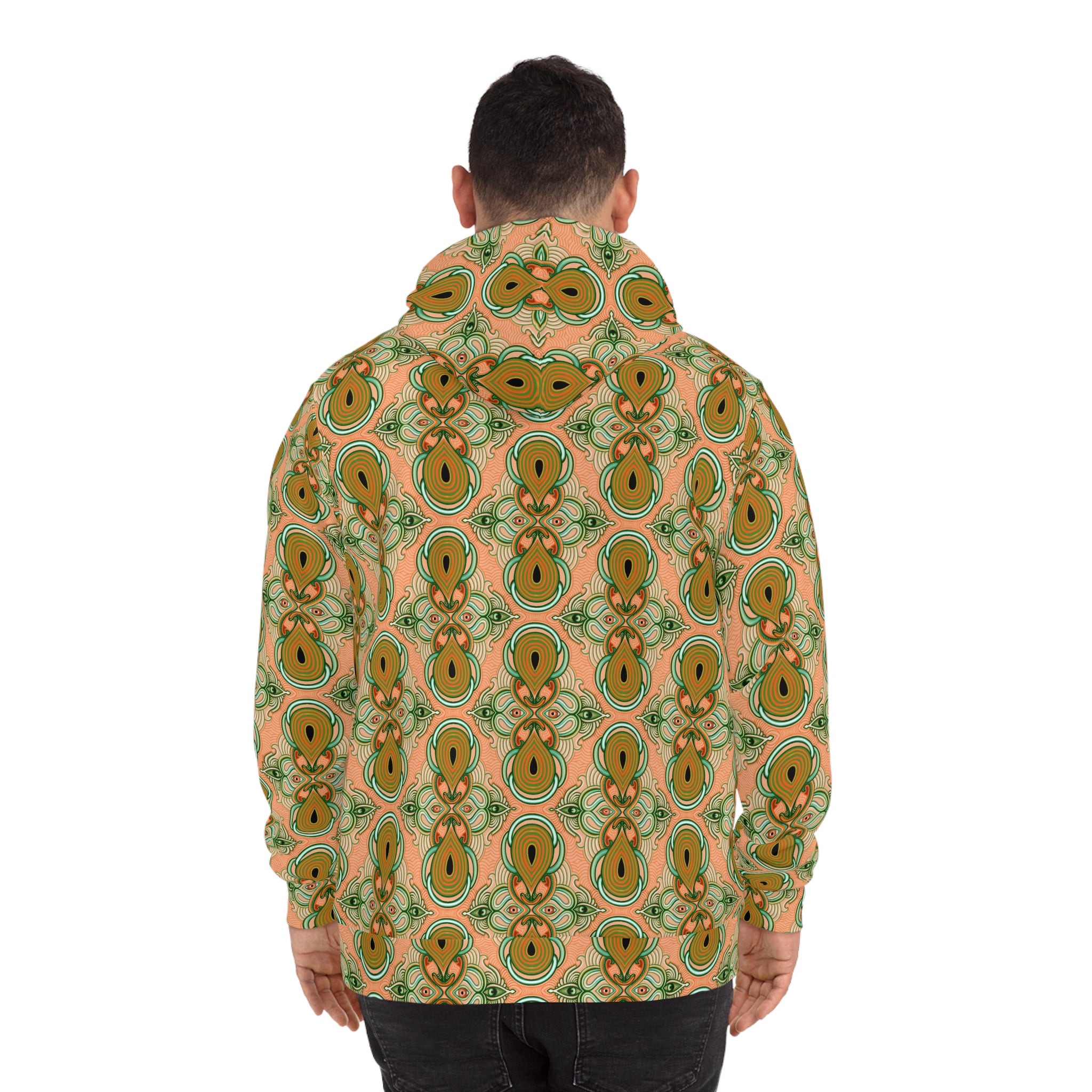 Retro Floral Pattern Hoodie — Green Orange All-Over Print Fashion Hoodie #g000635