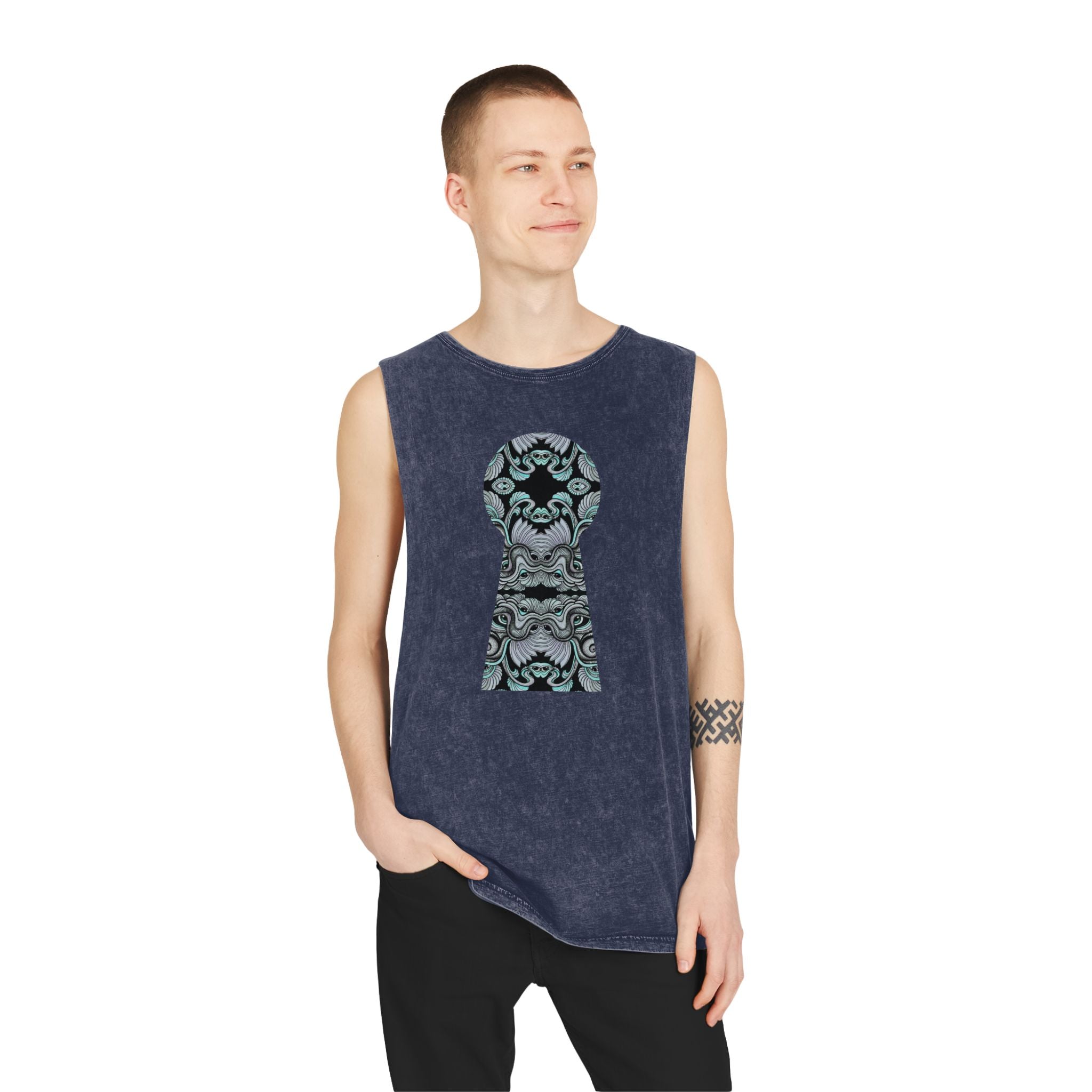 Stonewash Tank Top with Ornate Keyhole Design #sdxv24498