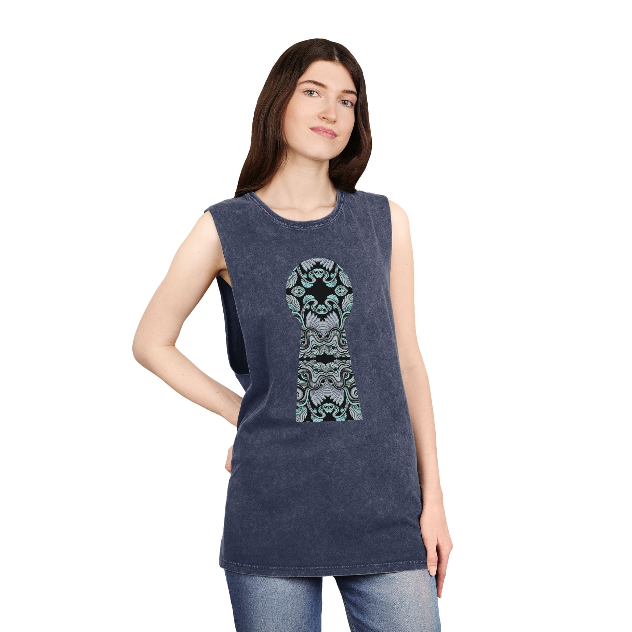 Stonewash Tank Top with Ornate Keyhole Design #sdxv24498