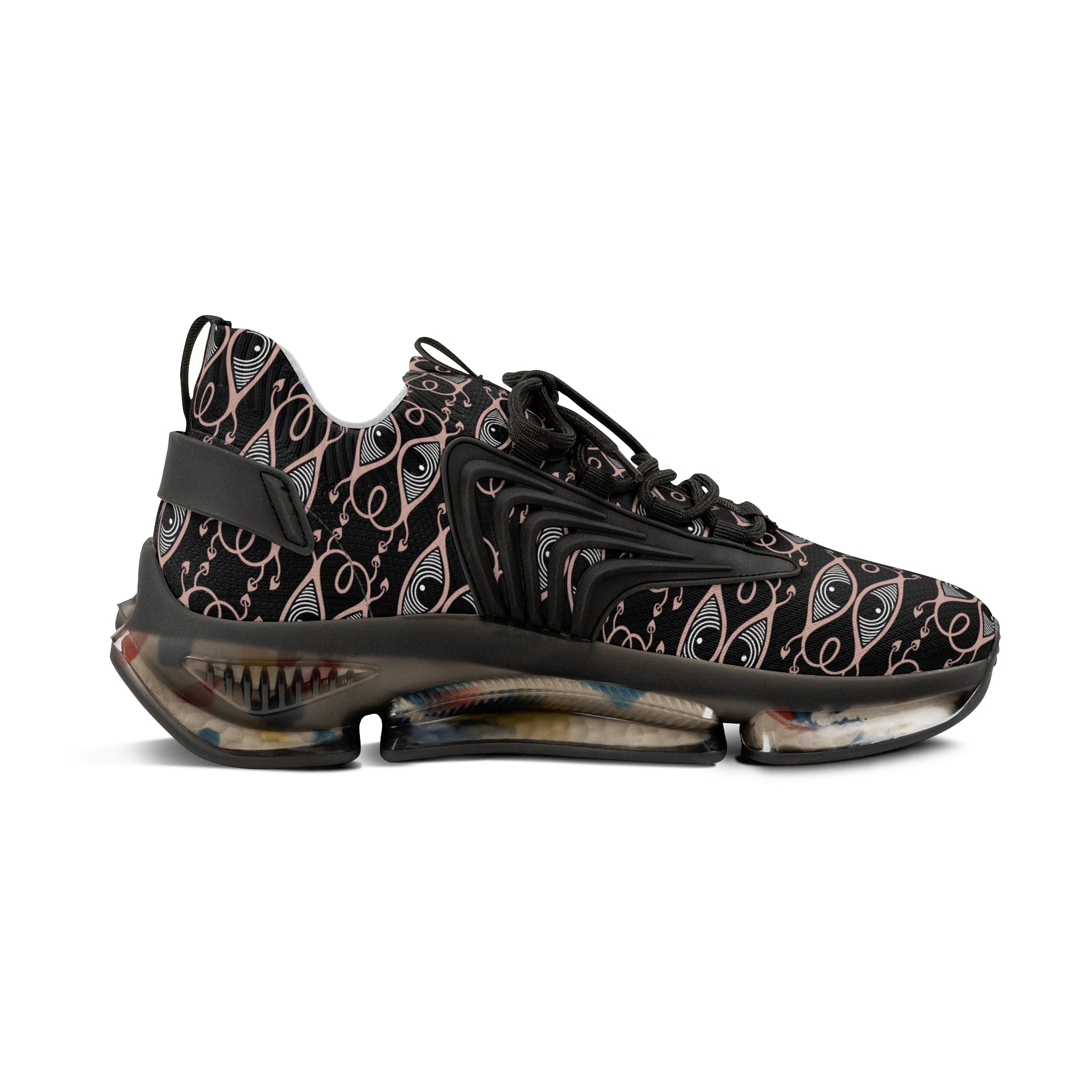 Men's Mesh Sneakers — Black Geometric Eye Pattern Athletic Shoes #h98657