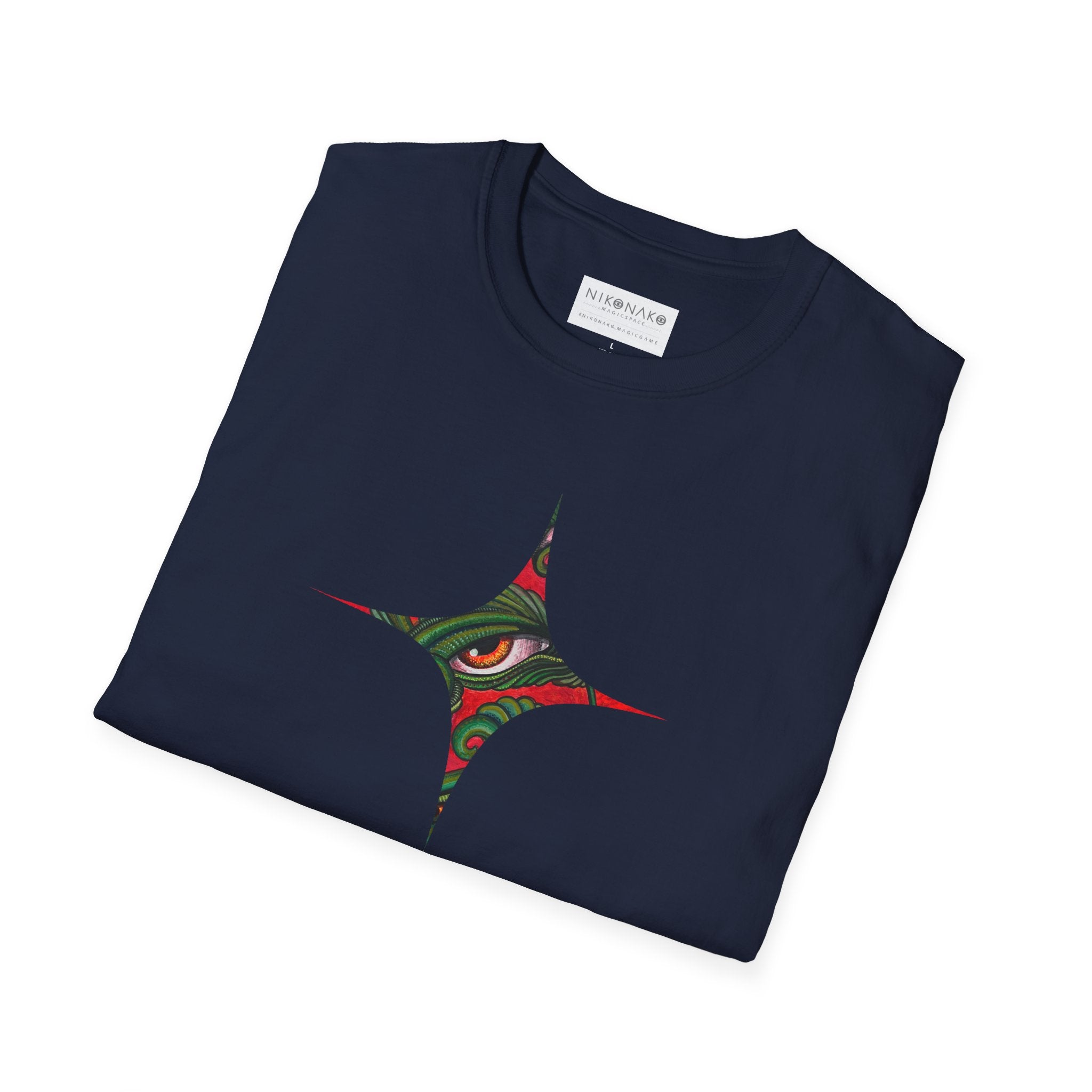 Geometric Tribal Eye Tee — Abstract Red & Green Triangle Graphic T-Shirt #sx432177