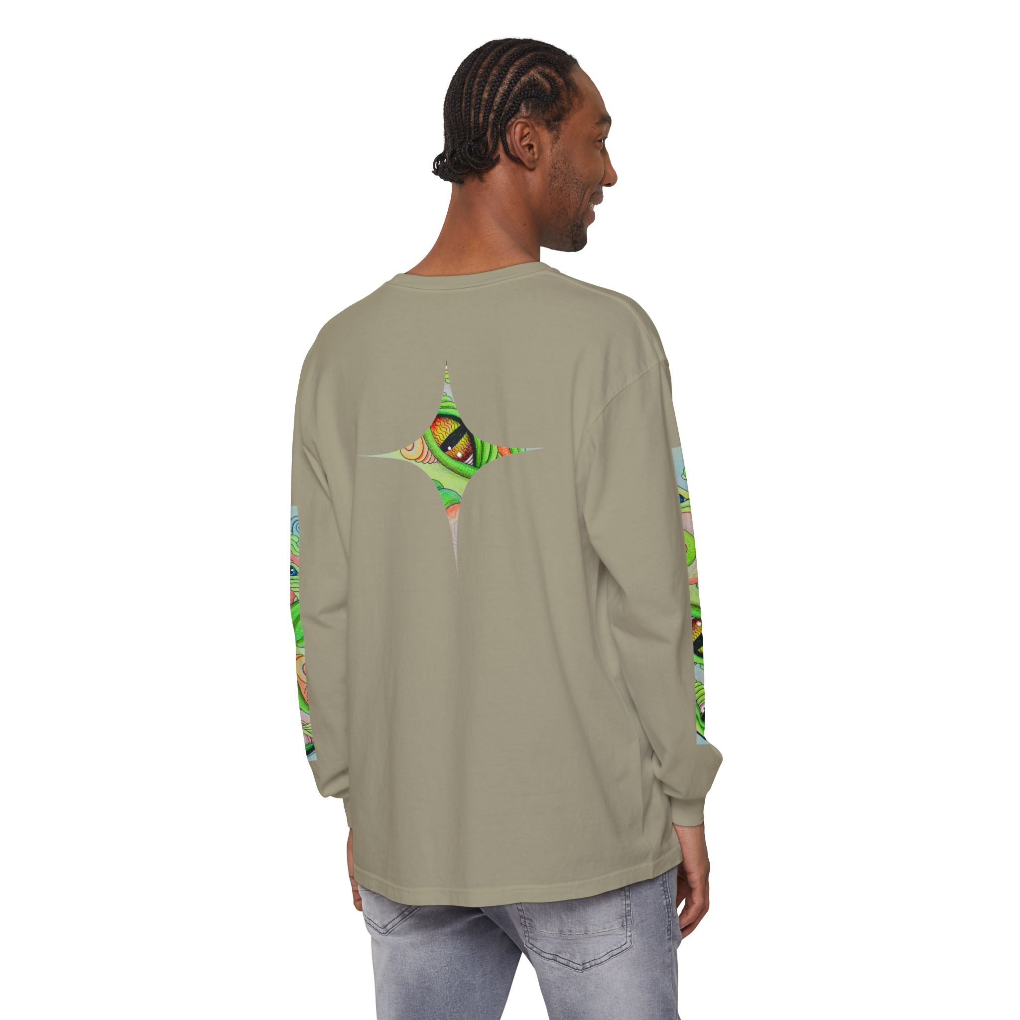 Psychedelic Green Triangle Long Sleeve Tee — Tribal Star Sleeve Artwork #gf086357
