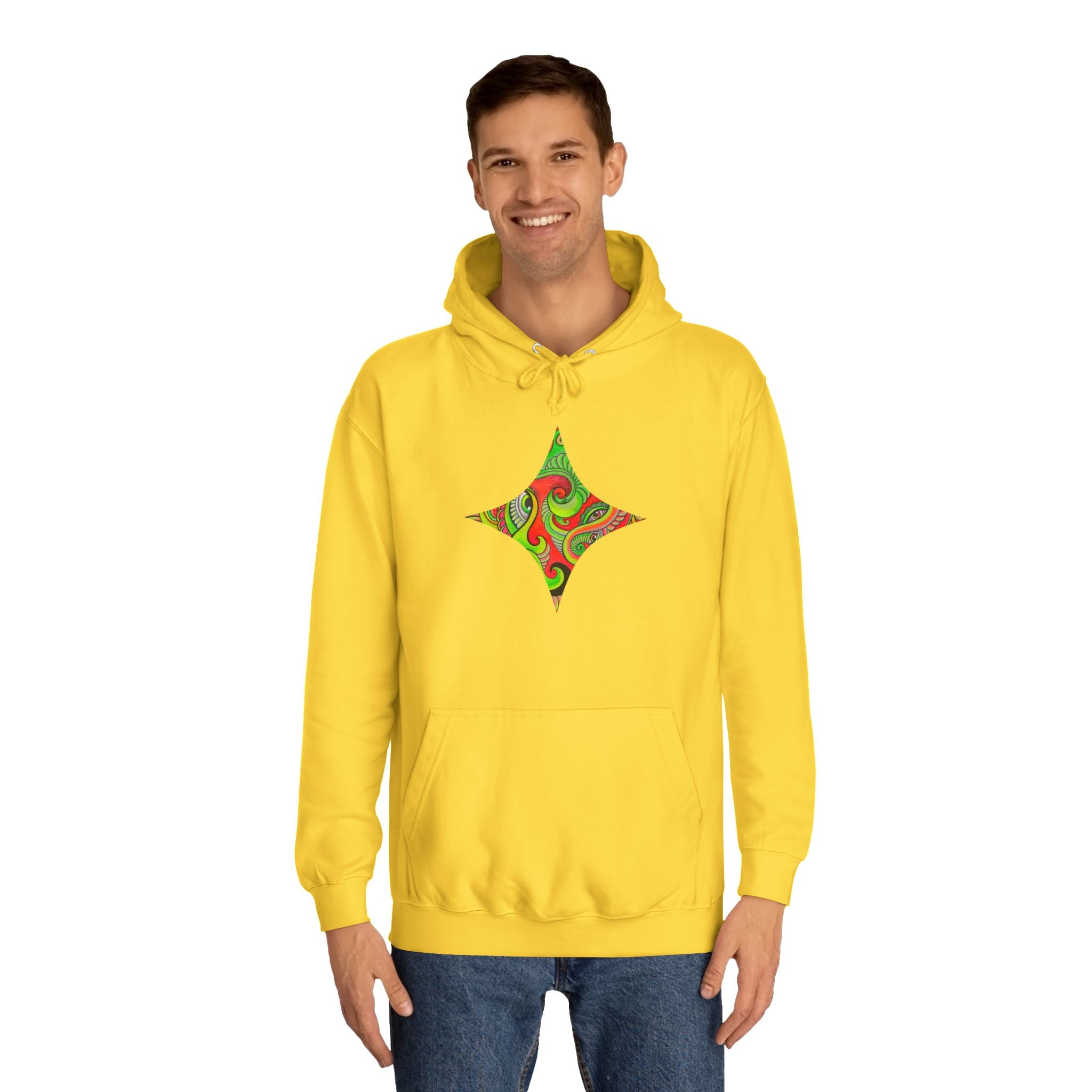 Psychedelic Swirl Hoodie — Retro Green & Red Abstract Graphic #f987456