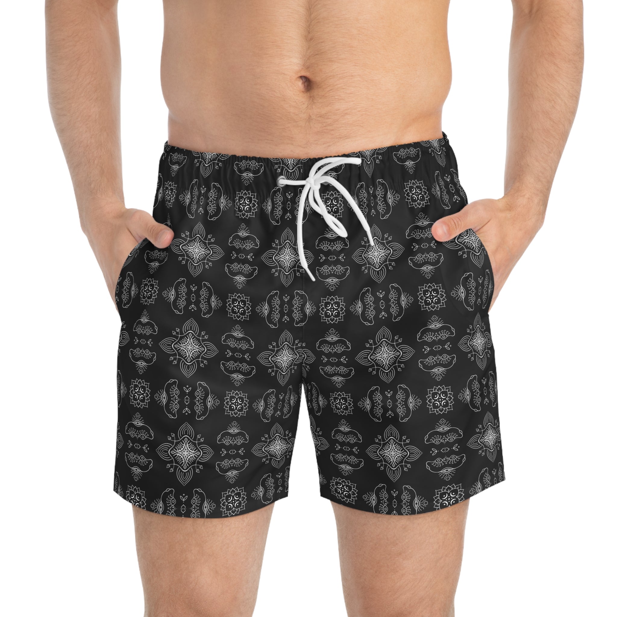 Men's Black Kaleidoscope Swim Trunks — All-Over Pattern #f754799