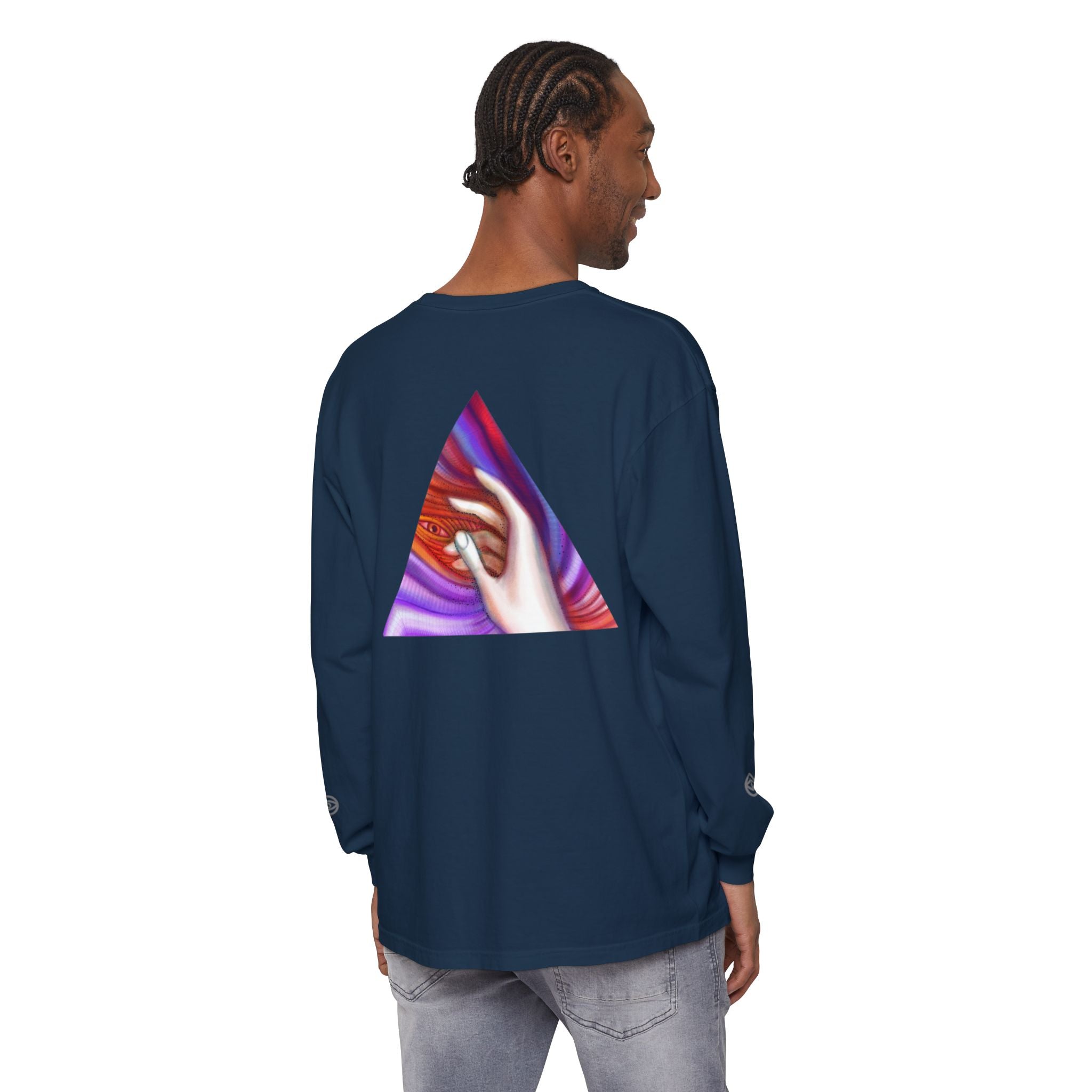 Long Sleeve T-Shirt — Triangular Hand Art Graphic (White) #sh26774