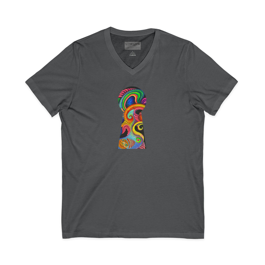 Psychedelic Keyhole V-Neck Tee — Colorful Abstract Back Art  #h975468