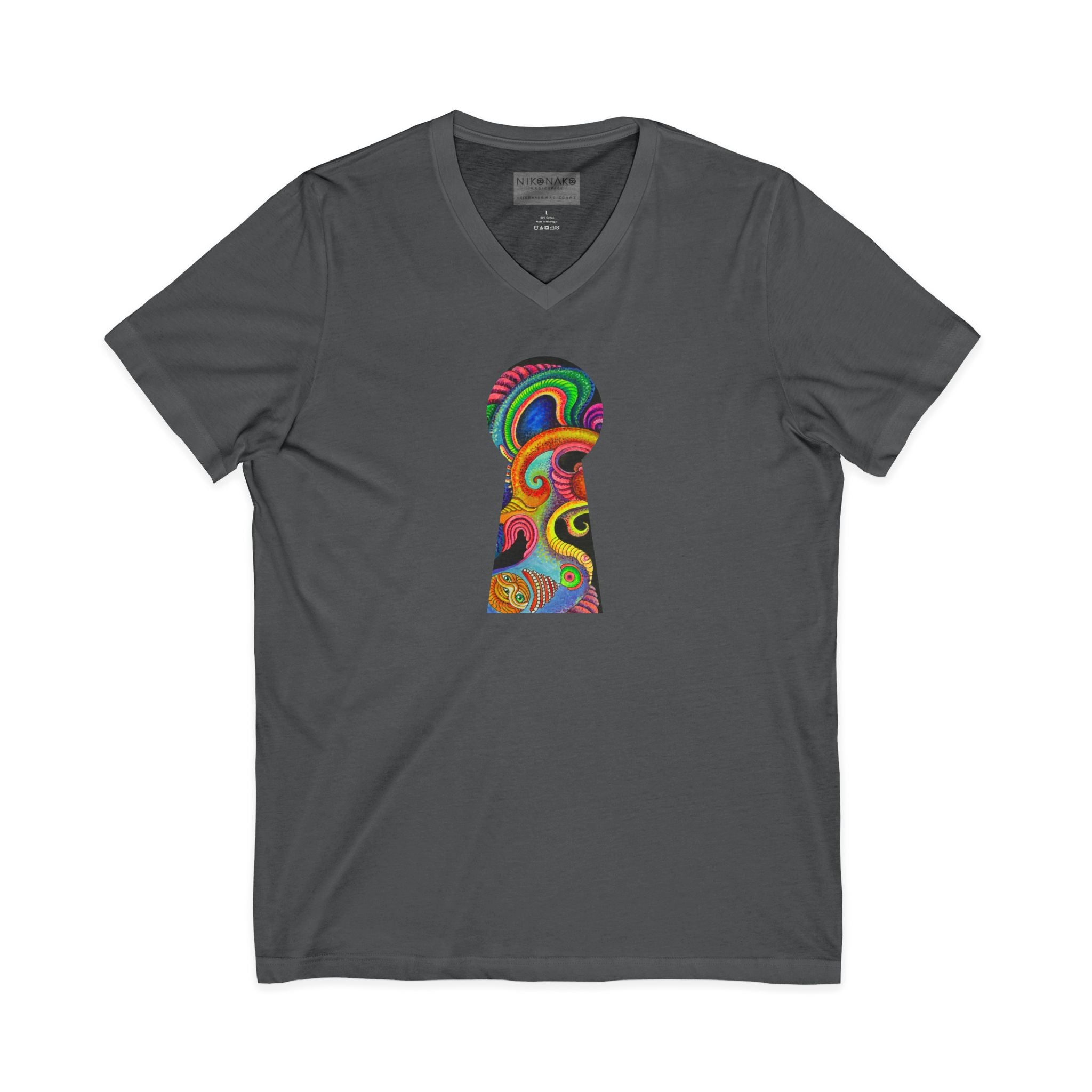 Psychedelic Keyhole V-Neck Tee — Colorful Abstract Back Art  #h975468