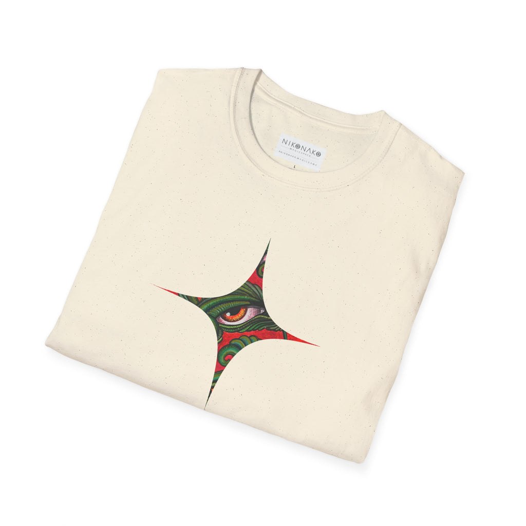 Geometric Tribal Eye Tee — Abstract Red & Green Triangle Graphic T-Shirt #sx432177