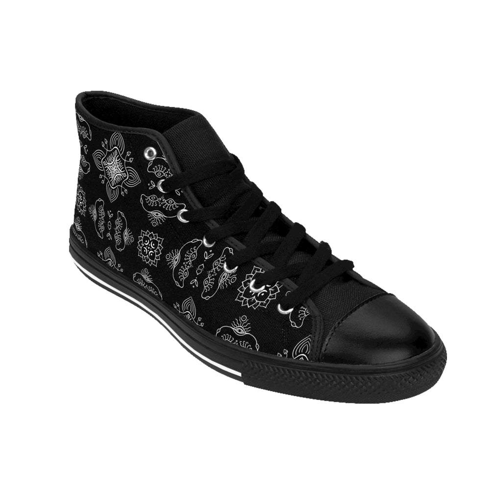 Women's High-Top Sneakers — Black Vintage Paisley Pattern #d2356