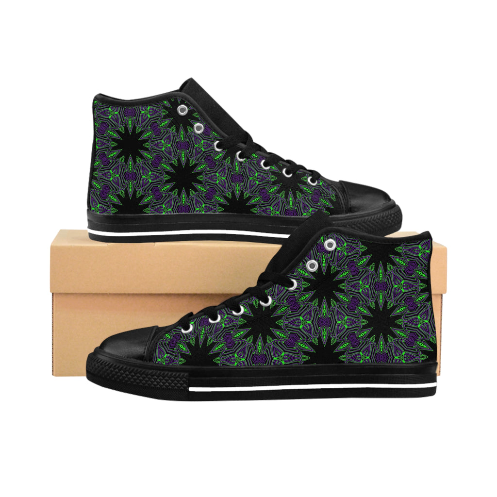 Women's High-Top Sneakers — Black & Green Floral Kaleidoscope Pattern #gd864