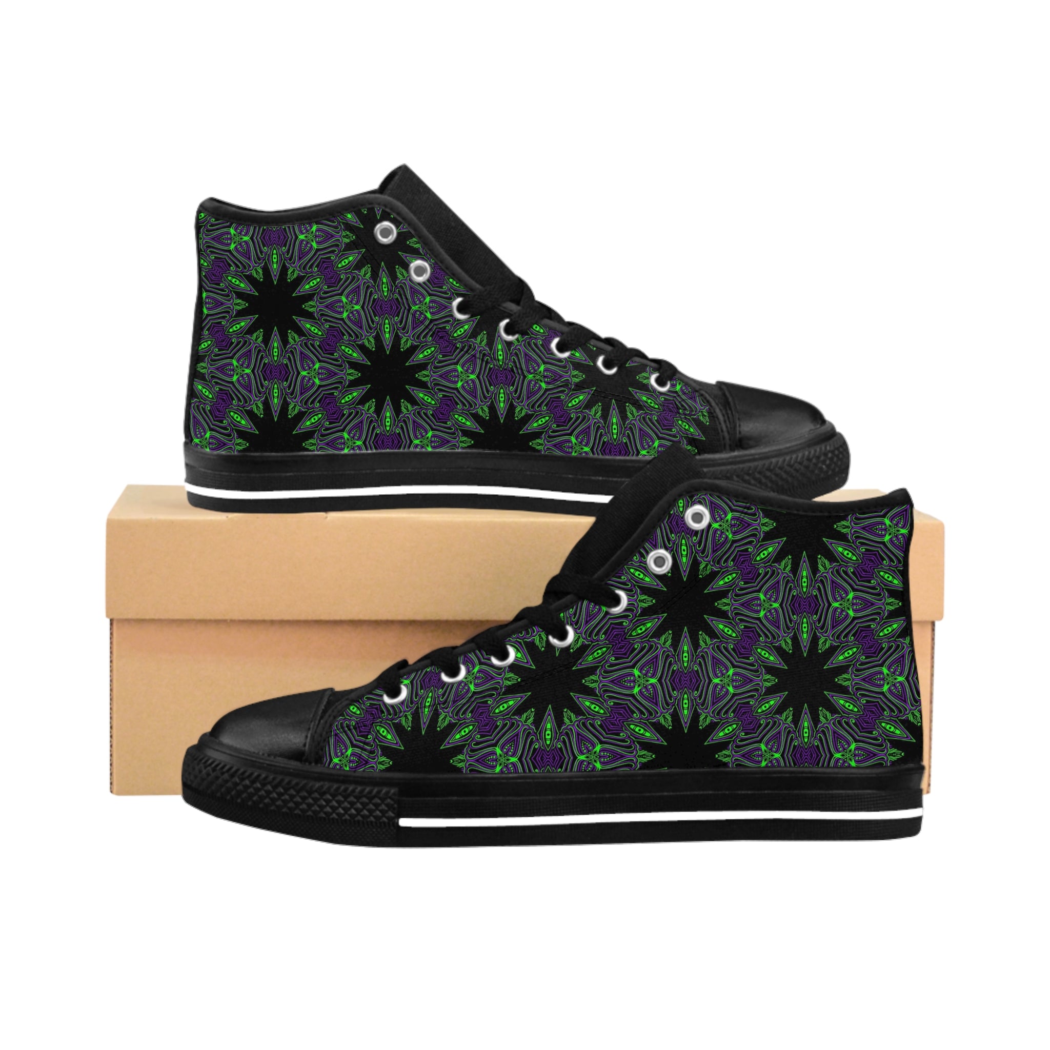 Women's High-Top Sneakers — Black & Green Floral Kaleidoscope Pattern #gd864