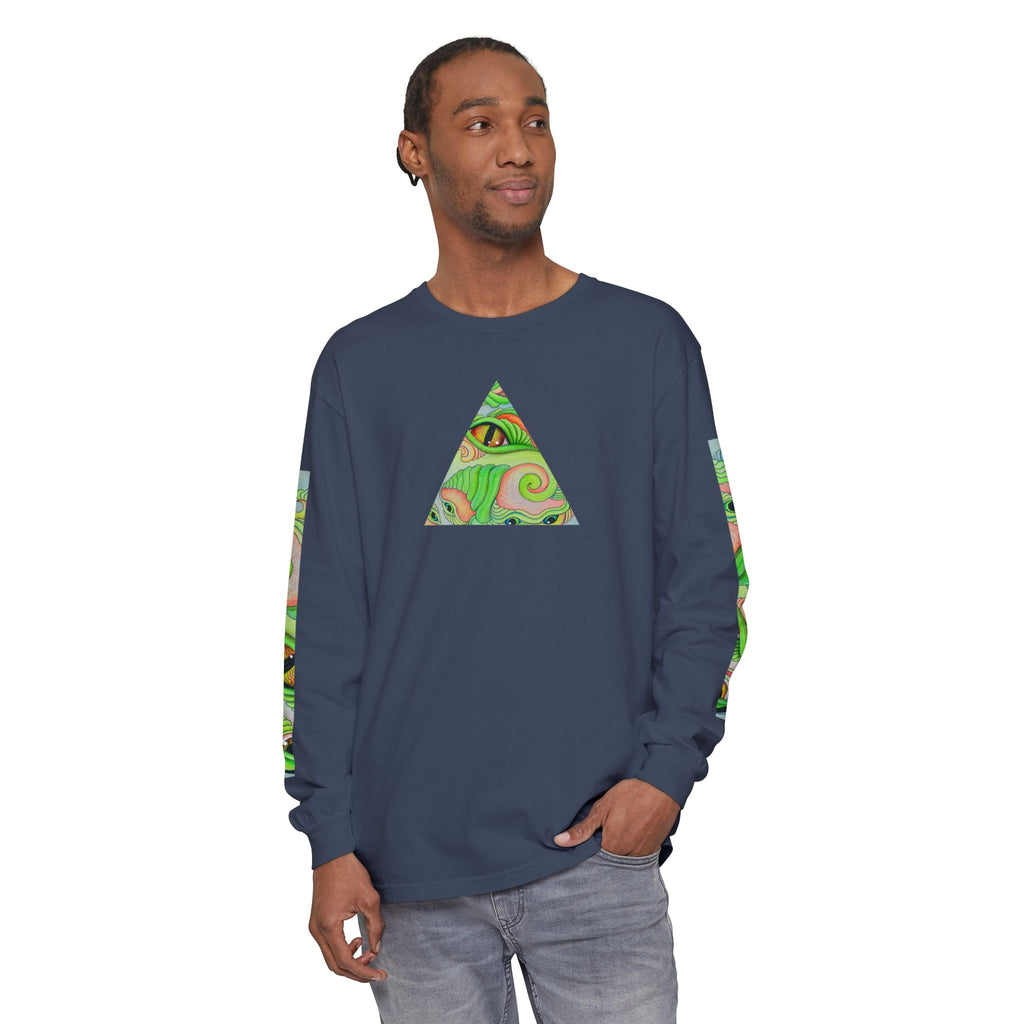 Psychedelic Green Triangle Long Sleeve Tee — Tribal Star Sleeve Artwork #gf086357