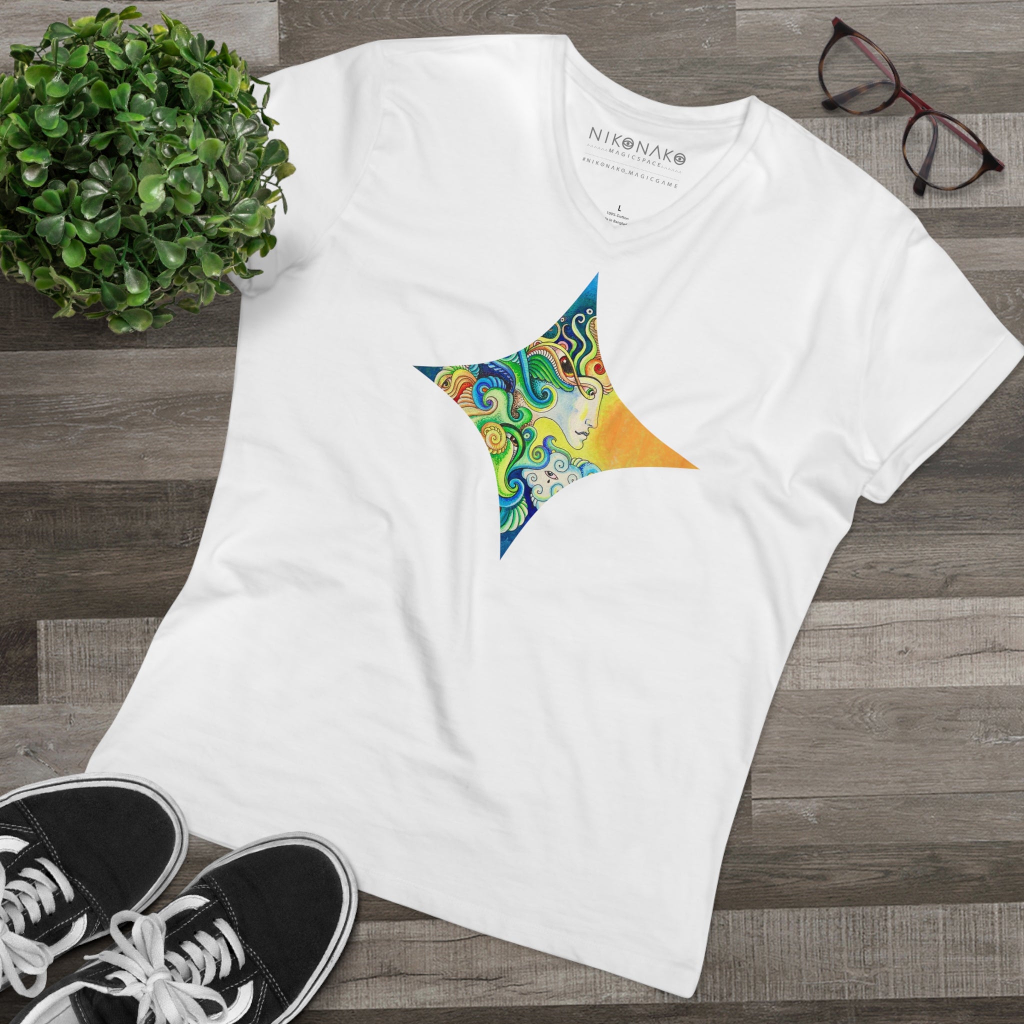 Sun & Moon Psychedelic V-Neck Tee #hf87222