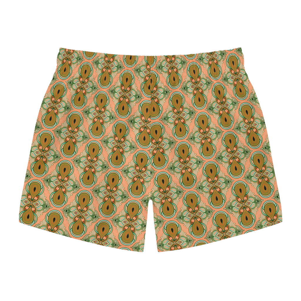 Retro Floral Pattern Swim Trunks – Green & Orange All-Over Print #d236432