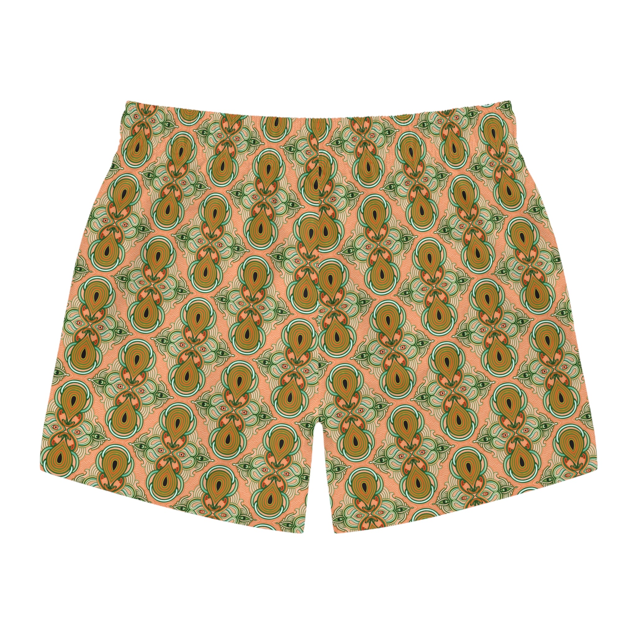 Retro Floral Pattern Swim Trunks – Green & Orange All-Over Print #d236432
