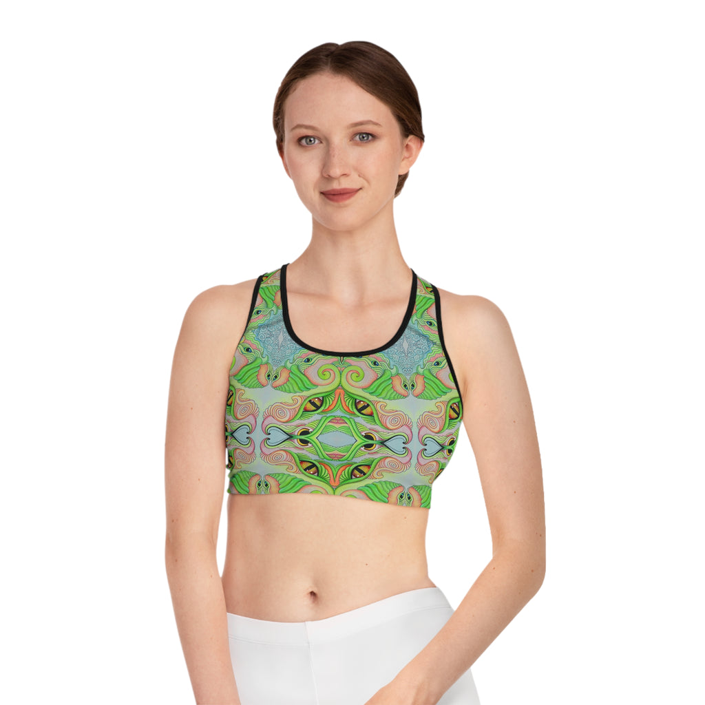 Psychedelic Green Kaleidoscope Sports Bra — All-Over-Print Activewear  #rth4445