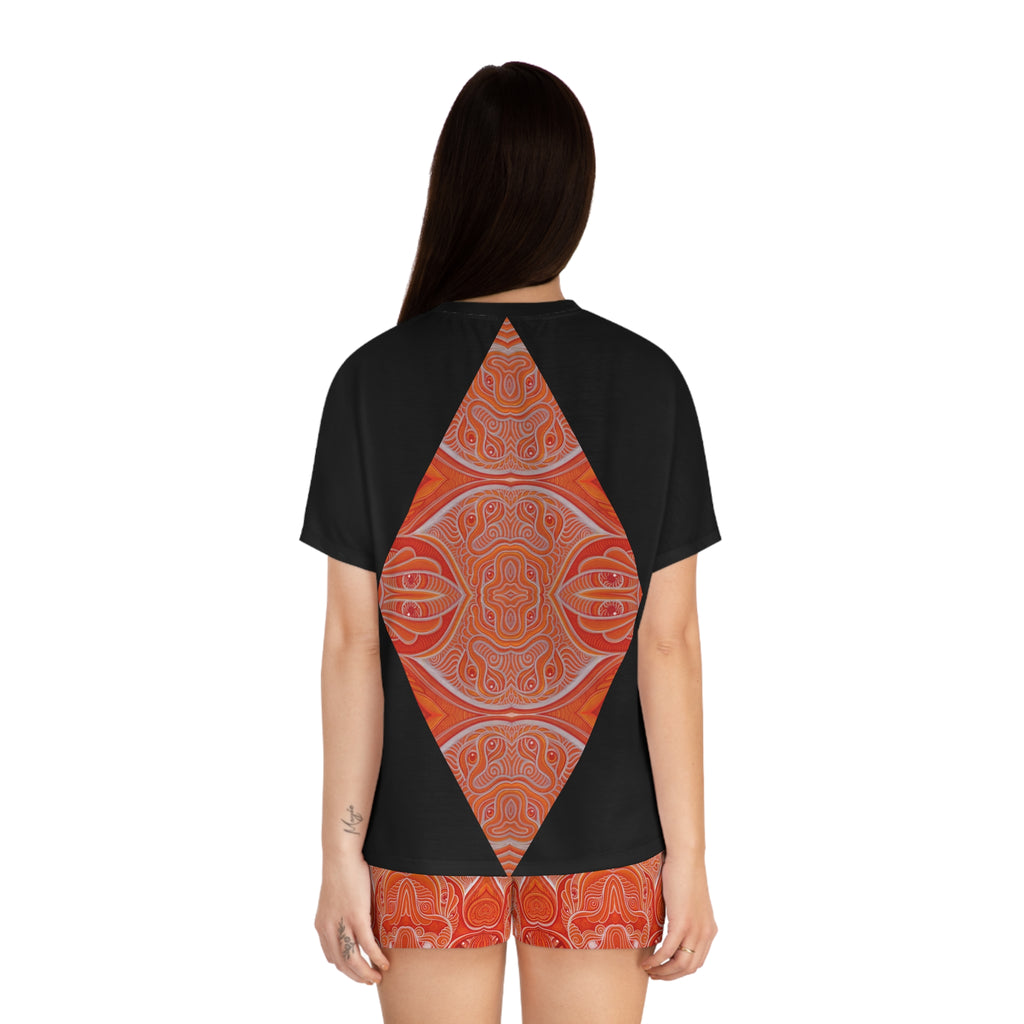 Women's Geometric Triangle Pajama Set — Orange Kaleidoscope Sleep Shorts & Tee #y77428